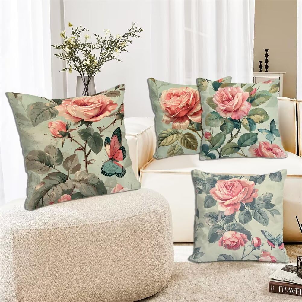 Kissenbezug 50 x 50 4er Set Kissenbezug Grün Dekokissen Modern Sofakissen Leinen Kopfkissenbezug Rose Kissenbezüge Kissenhüllen für Geschenke für Frauen Zierkissenbezug, Sofa Wohnzimmer Zierkissen G-0