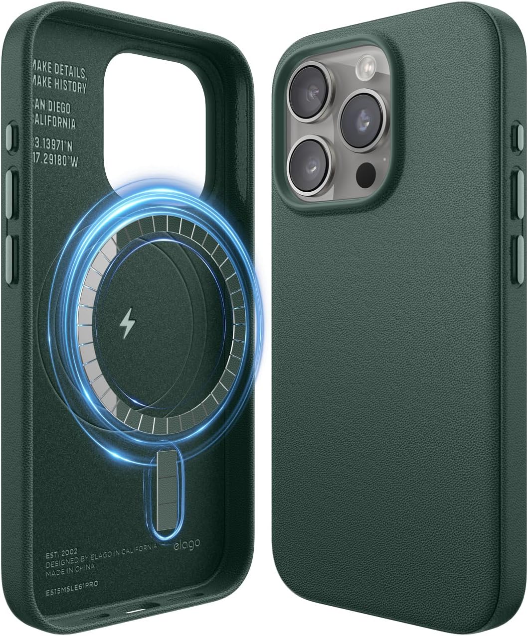 elago Magnetic Leather Case Compatible with iPhone 15 Pro Case, Compatible with All MagSafe Accessories, 6.1 inch - Built-in Magnets, Vegan Leather, Shockproof, Water-Resistant [Midnight Green]
