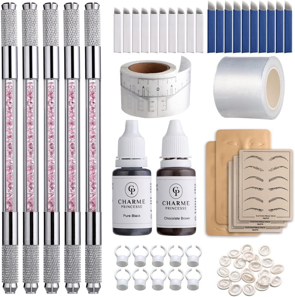 Charme Princesse Microblading Pen Kit Double Sided Manual Pen Kit with 20Pcs Needles Pigment Practice Skin Eyebrow Ruler Ring Cup for Permanent Makeup Supplies EK910S20-1