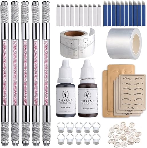 Charme Princesse Eyebrow Microblading Kit Double Sided Manual Pen Kit with 20Pcs Needles Pigment Practice Skin Eyebrow Rul...