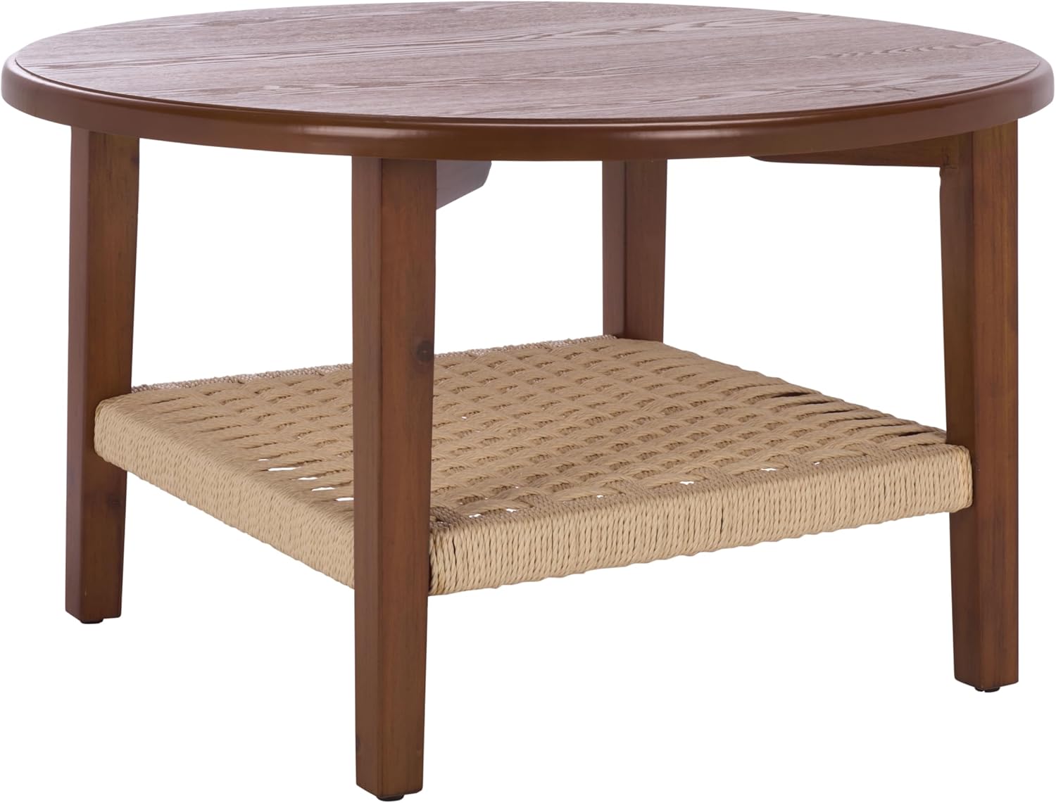 SAFAVIEH Home Collection - Nomand Walnut Round Coffee Table with Ash Veneer Top & Woven Rope Shelf, Modern 1-Shelf Living Room Design (COF2314A)