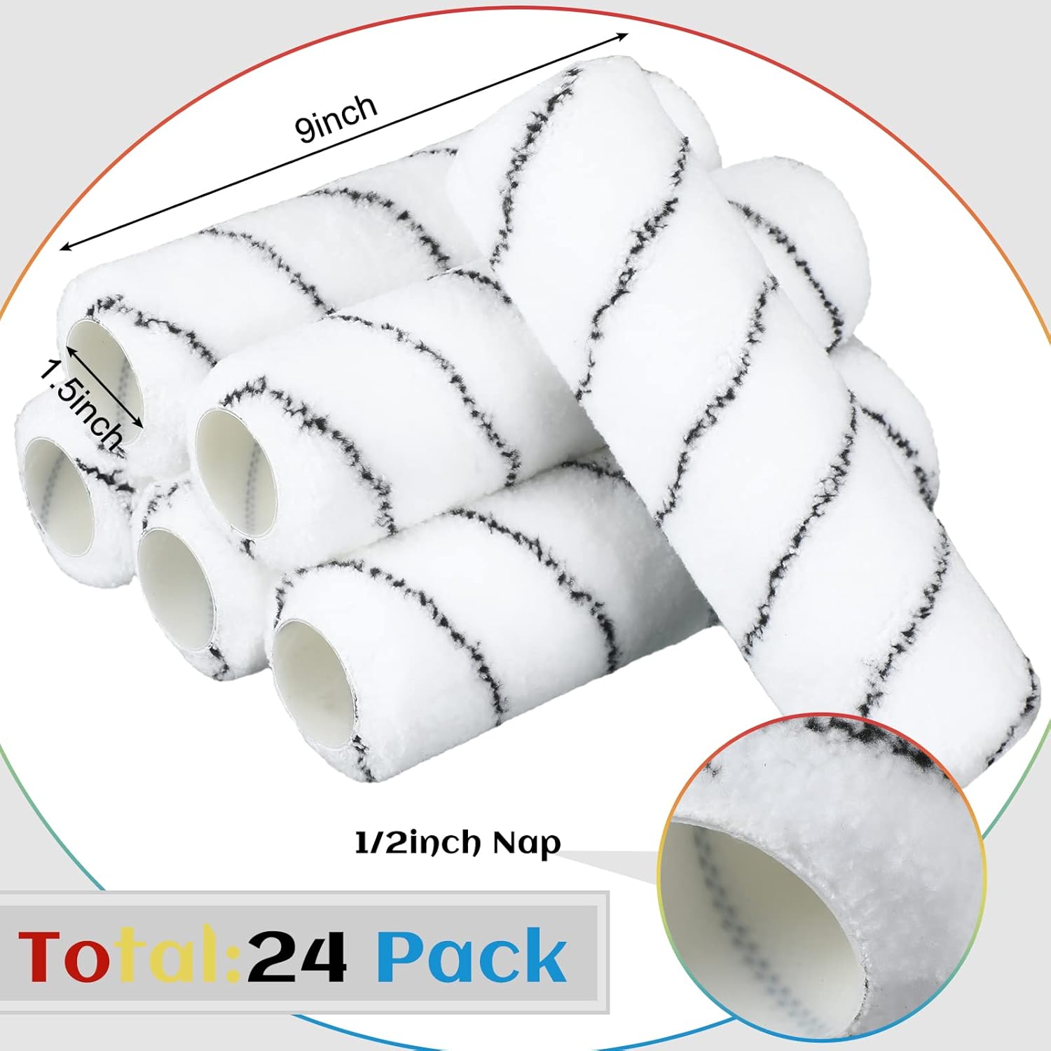 24 Pieces Paint Roller Covers 9" Black Stripe Paint Brush Cover 1/2" Nap,1.5" Inner Diameter, Roller Naps House Painting Supplies for House Wall Ceiling Deck Paint Roller Kit