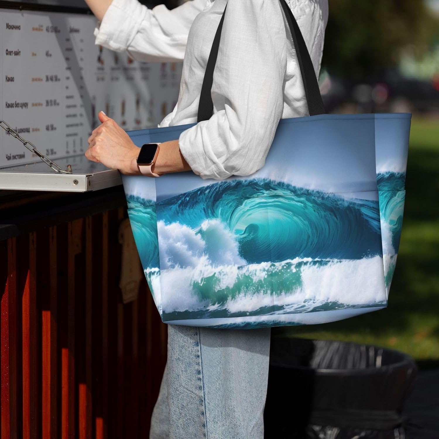 Ocean Wave Print Print Waterproof Gym Shoulder Bag,Fashion Summer Beach Tote Bags Large Travel Totes