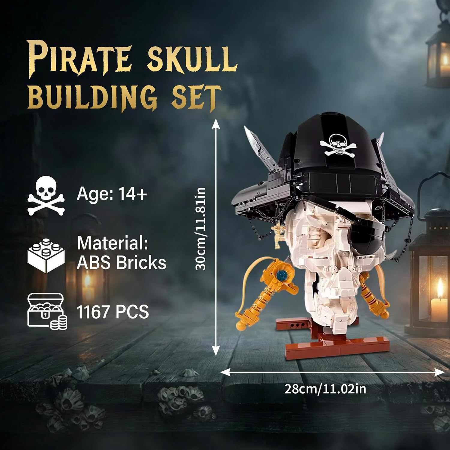 Gothic Pirate Skull Building Set for Adults,Horror Skeleton Head Model with Display Base, Cool Unique Ideal Building Block Sets for Home Table Decor (1167 PCS)