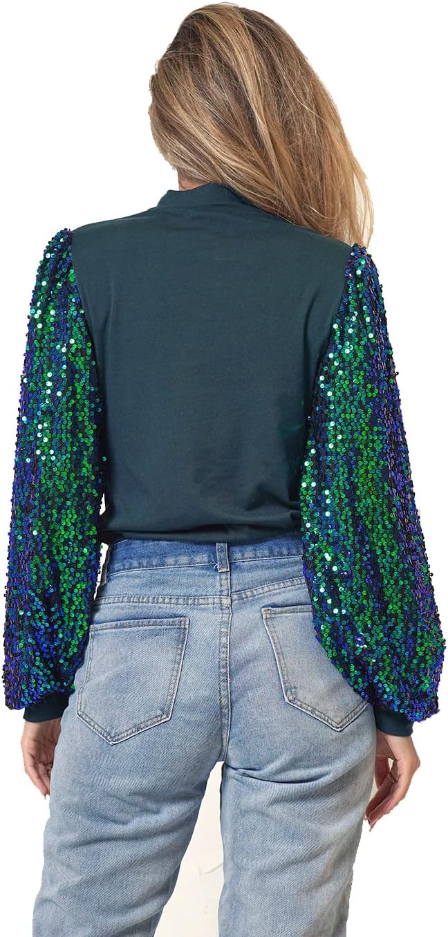 Anna-Kaci Women's Confetti Sequin Balloon Long Sleeve Mock Neck Pullover Sweatshirt - Image 4