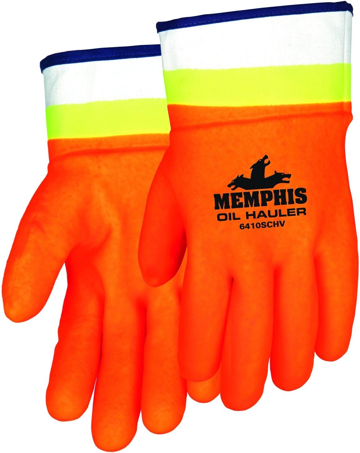 6410SCHV Premium Double-Dipped Hi-Viz PVC Jersey Lined Sandpaper Finish Men's Gloves with Plasticized Safety Cuff, Orange/Lime, Large, 1-Pair