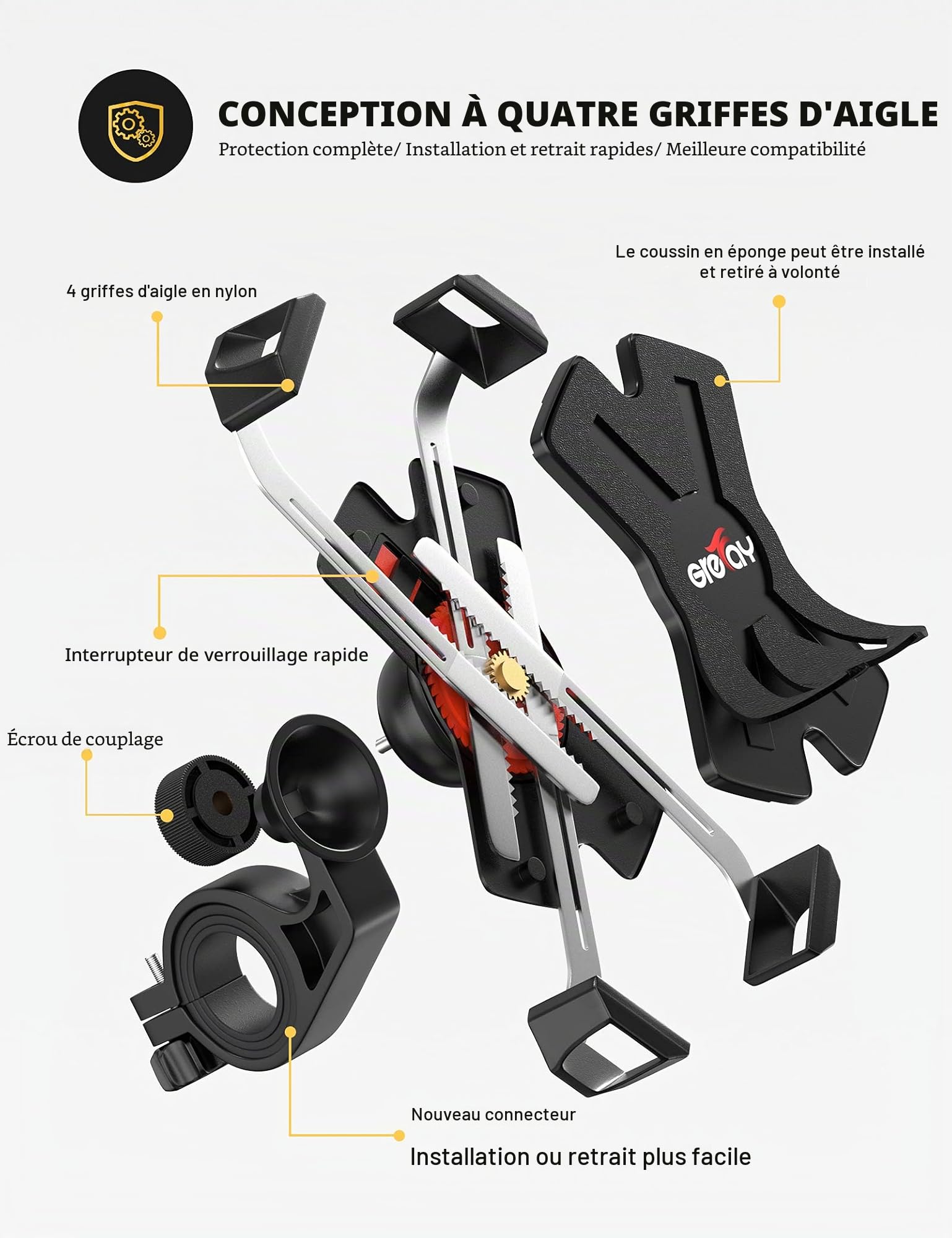 Grefay Support Téléphone Vélo Métal Suport Téléphone pour Moto Guidonavec Support Telephone Scooter 360° Rotation pour 4,5-6,8 Pouces Smartphones Samsung S10 S9 S8 S7 Huawei