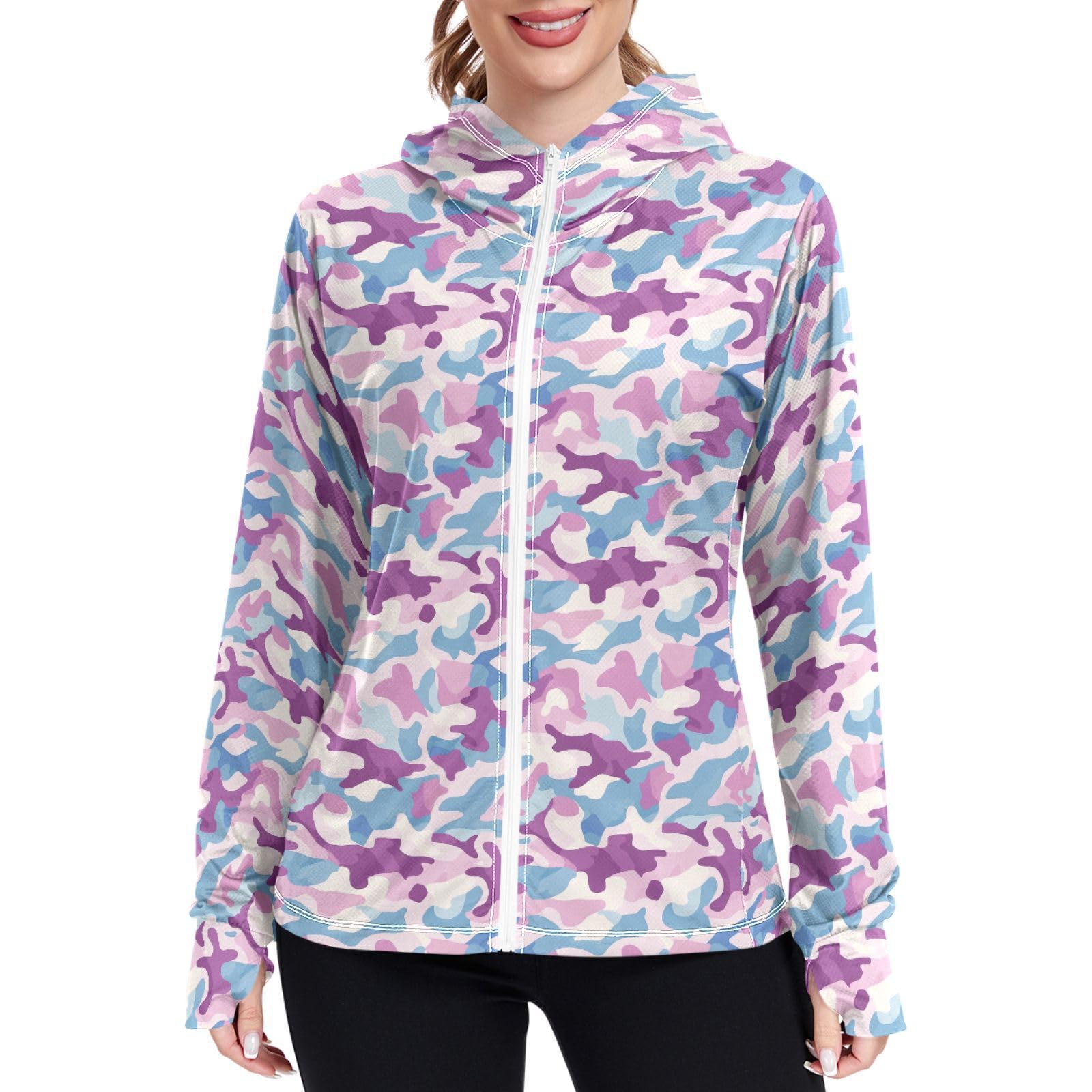 Women Sun Protection Lightweight Hoodie Jacket Camo Zip Up Jackets for Women UPF 50 Clothing for Hiking Golf Running L Electric Blue
