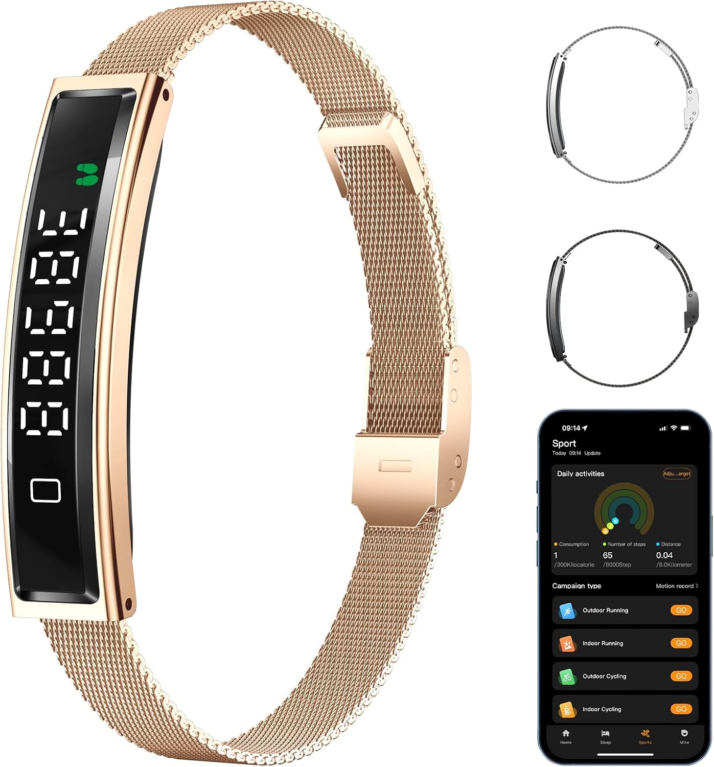 Smart Bracelet,Activity&Fitness Trackers,Touch Screen/Sleep Tracker/Heart Rate/Blood Oxygen,5ATM Waterproof,Multiple Sports Modes,Free App for iOS Android (Steel Belt, Rose Gold)
