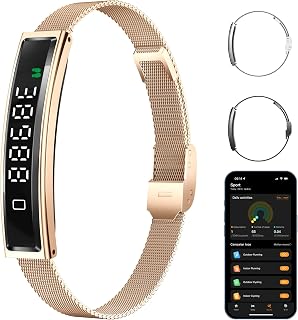 Smart Bracelet,Activity&Fitness Trackers,Touch Screen/Sleep Tracker/Heart Rate/Blood Oxygen,5ATM Waterproof,Multiple Sports Modes,Free App for iOS Android (Steel Belt, Rose Gold)