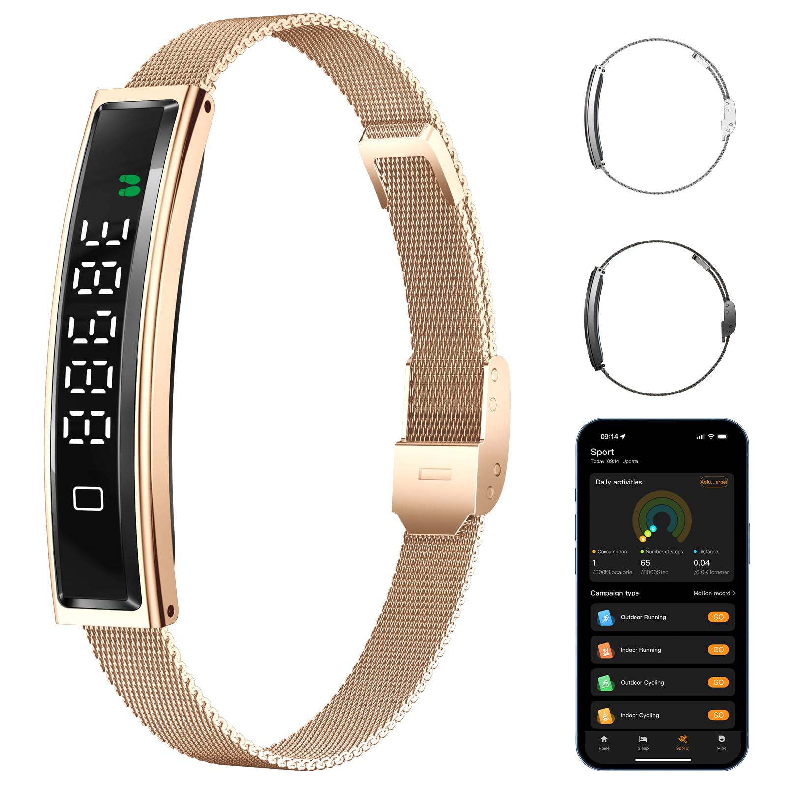 Smart Bracelet,Activity&Fitness Trackers,Touch Screen/Sleep Tracker/Heart Rate/Blood Oxygen,5ATM Waterproof,Multiple Sports Modes,Free App for iOS Android (Steel Belt, Rose Gold)