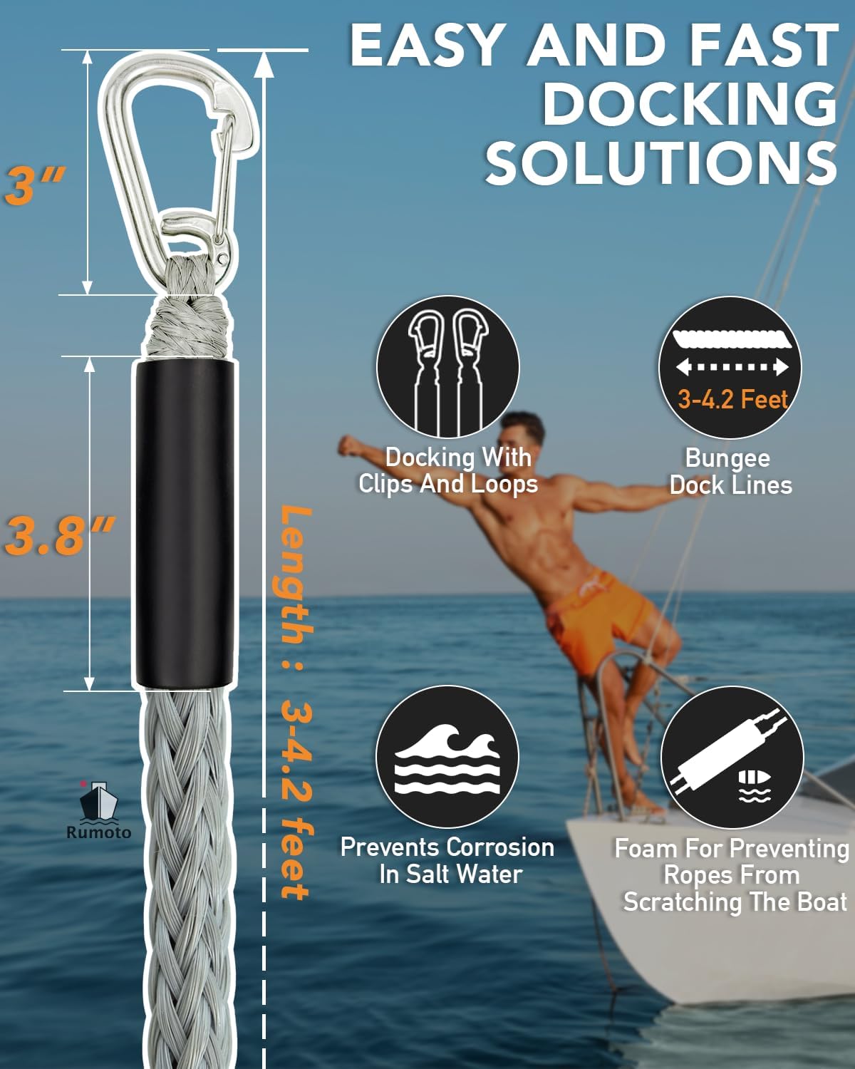 3 Feet Bungee Dock Lines with 2 Clips Heavy Duty 316 Stainless Steel Clips Boat Ropes Mooring Rope & Dock Ties for for Boats PWC or Jet Ski 2PCS (Grey, 3 Feet)
