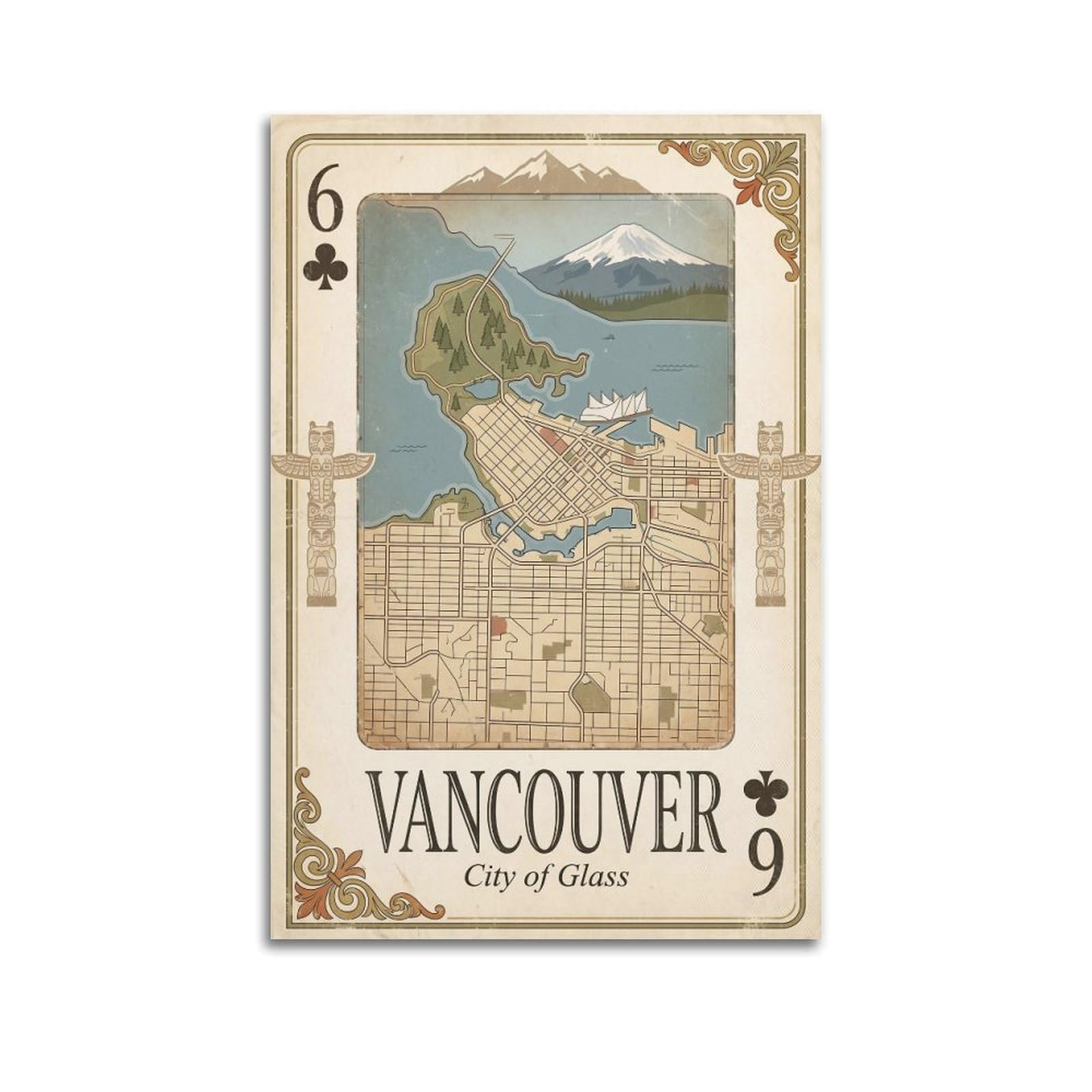 OKNGB Vintage City Map Poster Vancouver Canada Skyline Playing Card Style Decorative Painting Canvas Art Picture 12x18inch(30x45cm)