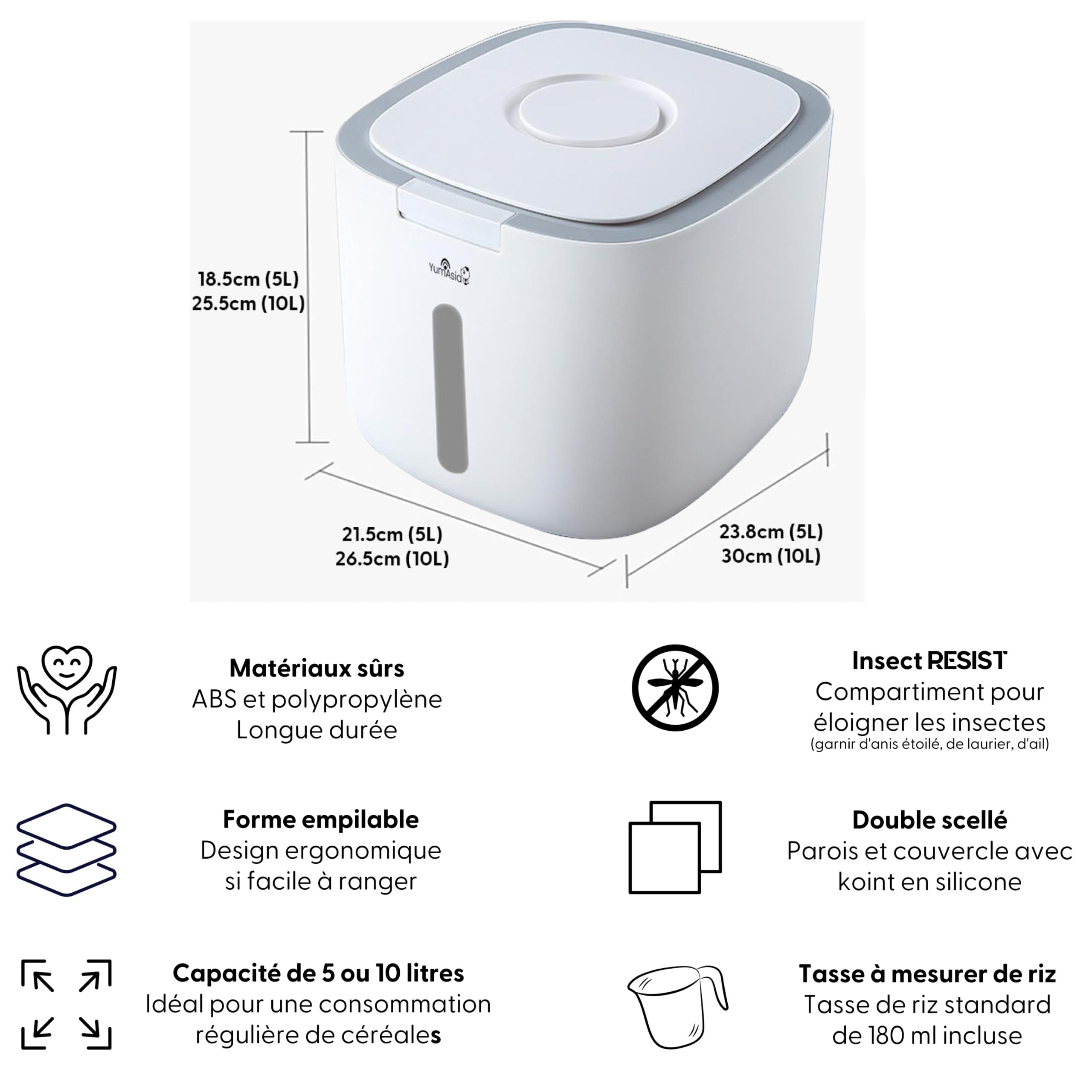Yum Asia Conteneur de stockage de céréales (10 litres) | Blanc avec bordure grise | Matériaux sûrs | Conservation des aliments | Double scellé | Empilable | Résistance aux insectes