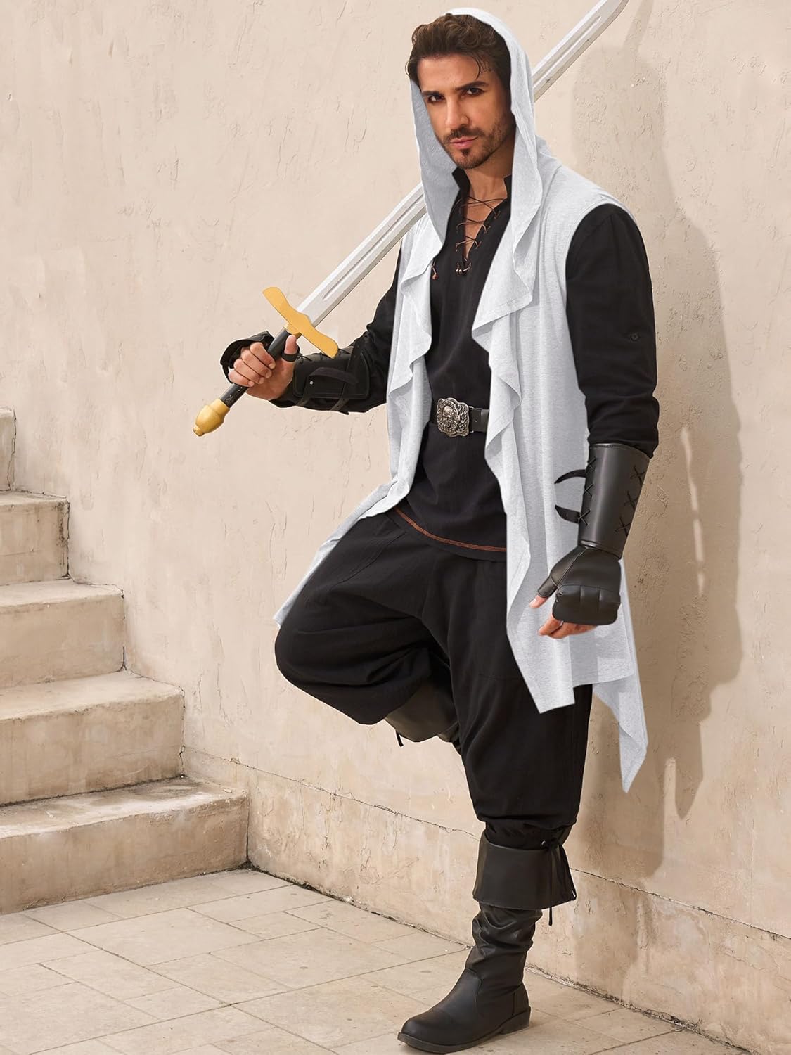 Runcati Mens Hooded Cardigan Sleeveless Ruffle Shawl Collar Open Front Knit Drape Robe - Image 3