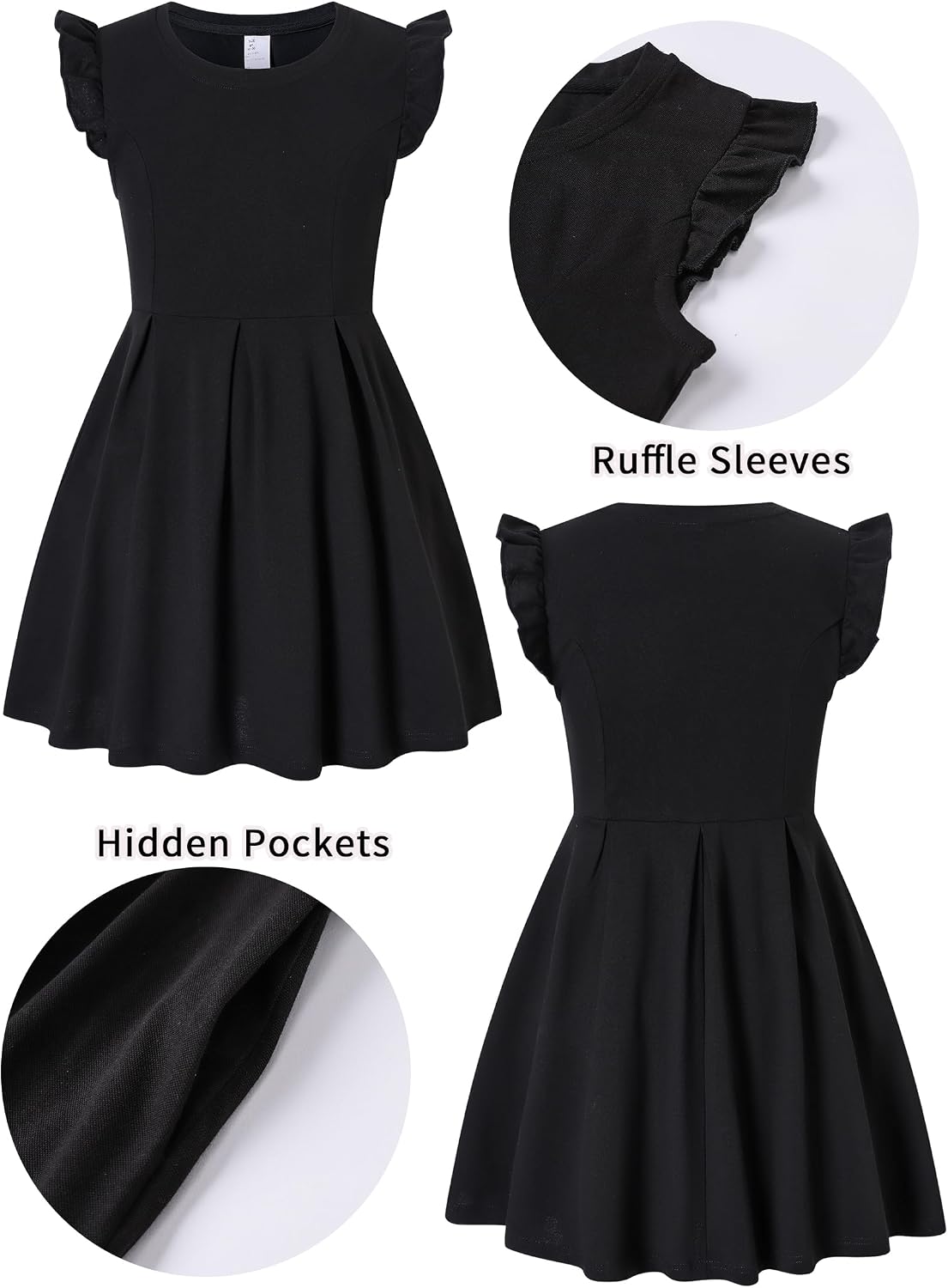 Girls Ruffle Sleeve Skater Dress HiddenPockets Stretchy Cotton Knee Length Casual for School Party Daily Wear 4-14Y
