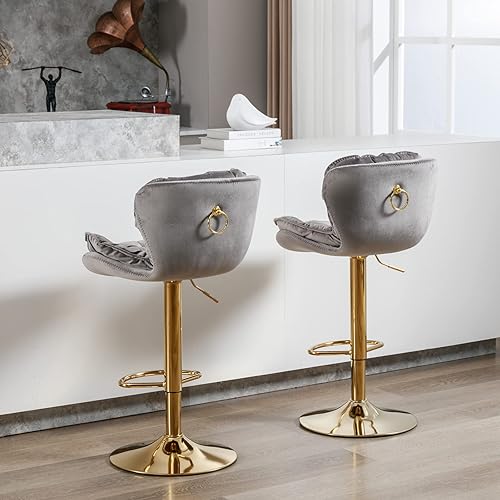Miniatura 5 de Juego de 2 taburetes de bar giratorios, sillas de bar ajustables en altura de mostrador de terciopelo, tapizados modernos para isla de cocina,