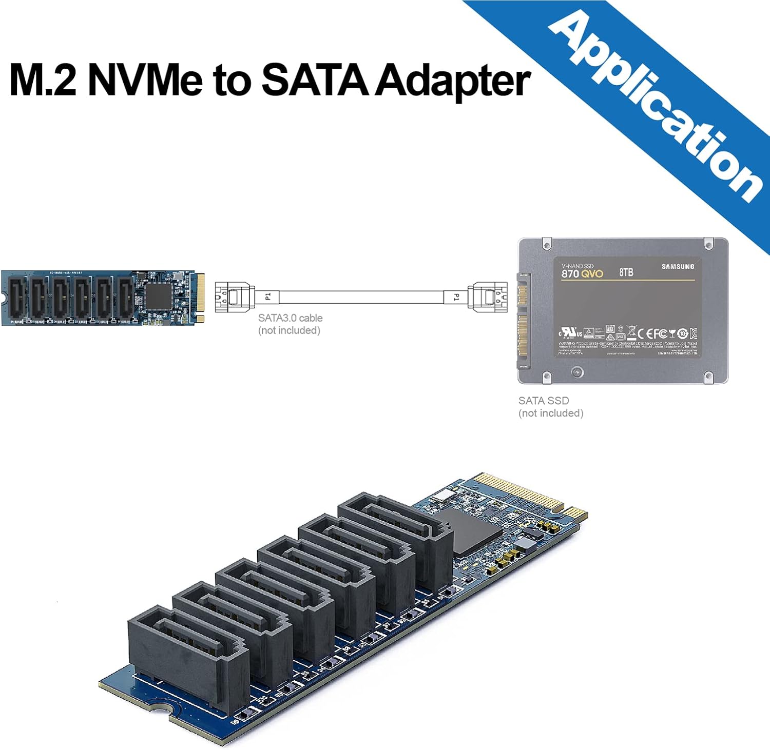 H!Fiber M.2 (M Key) to 6xSATA Adapter, SATA3.0, NO-Riad, ASMedia ASM1166 chip, for Desktop PC Support SSD and HDD, Windows and Linux Compatible