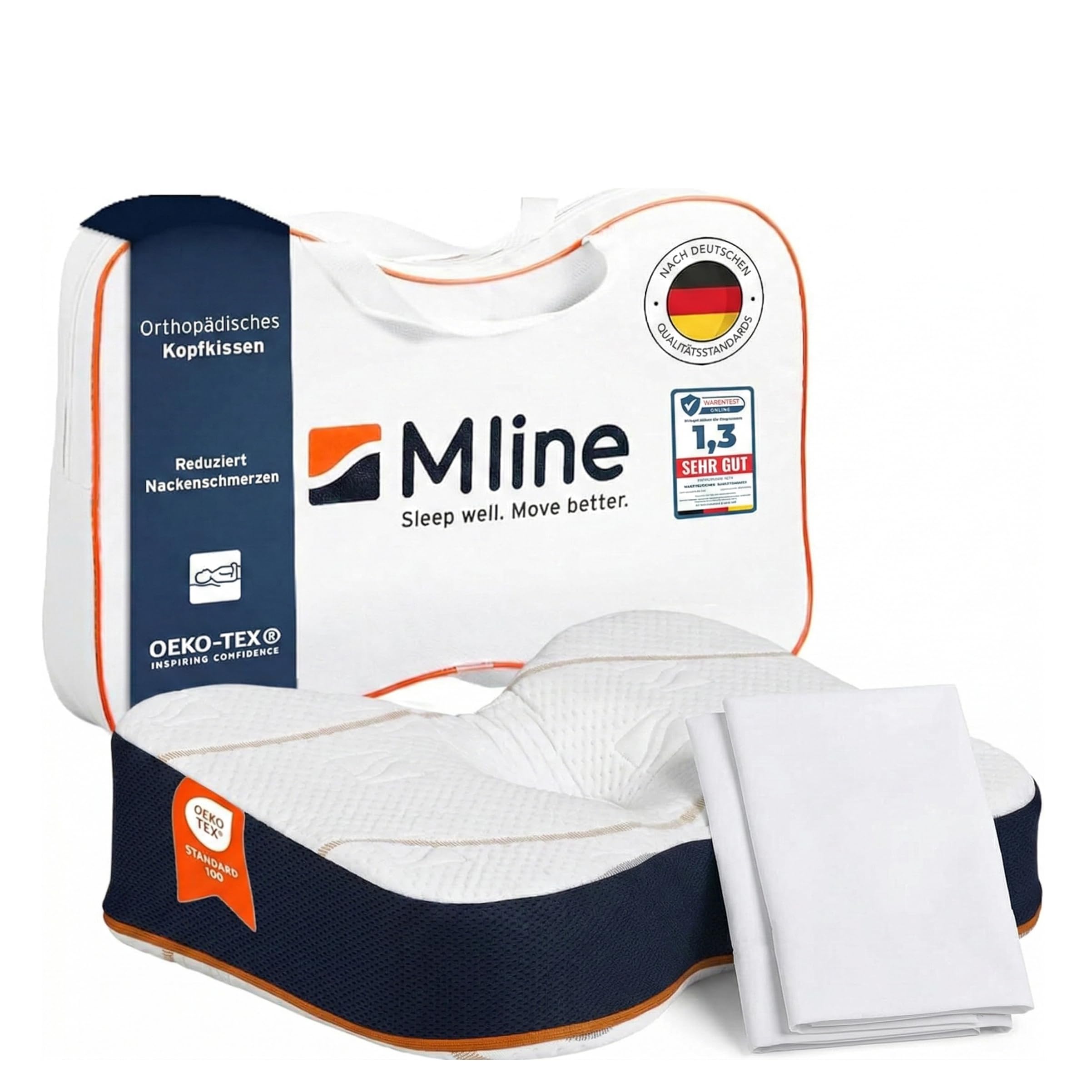 M LINE Athletic Pillow Orthopädisches Kissen mit 2X Kissenbezug (weiß) – Seitenschläferkissen & Ergonomisches Kopfkissen – Schmetterlingskissen gegen Nackenschmerzen – Optimale Lüftung – 50 x 35 x 12