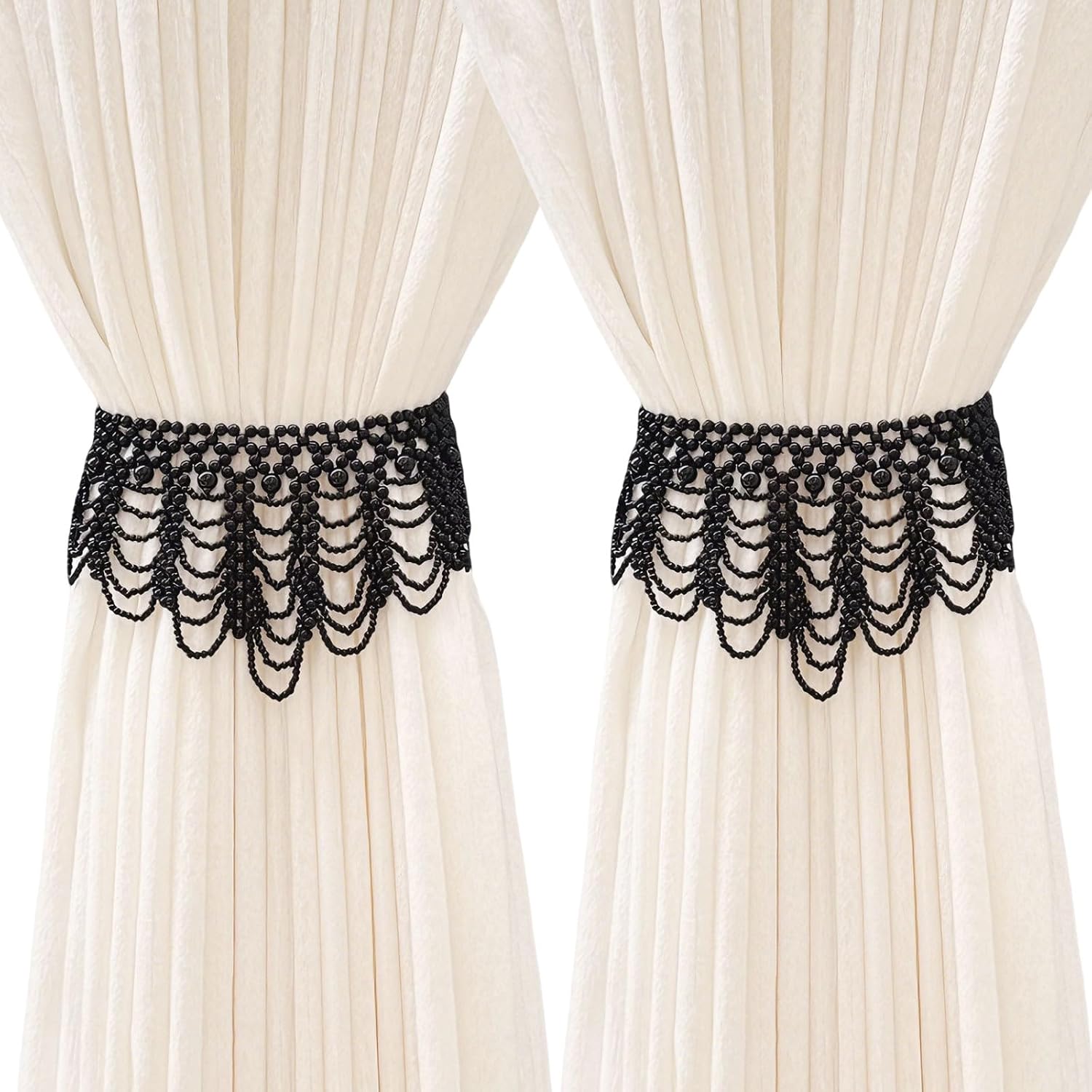2 Pack Magnetic Curtain Tiebacks, Baroque Style Curtains Holdbacks - No Drill Rope Curtain Holder, Hand-Woven Black Pearl Tiebacks, Tie Backs Handmade for Room Decor