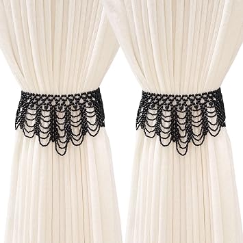 2 Pack Magnetic Curtain Tiebacks, Baroque Style Curtains Holdbacks - No Drill Rope Curtain Holder, Hand-Woven Black Pearl Tiebacks, Tie Backs Handmade for Room Decor
