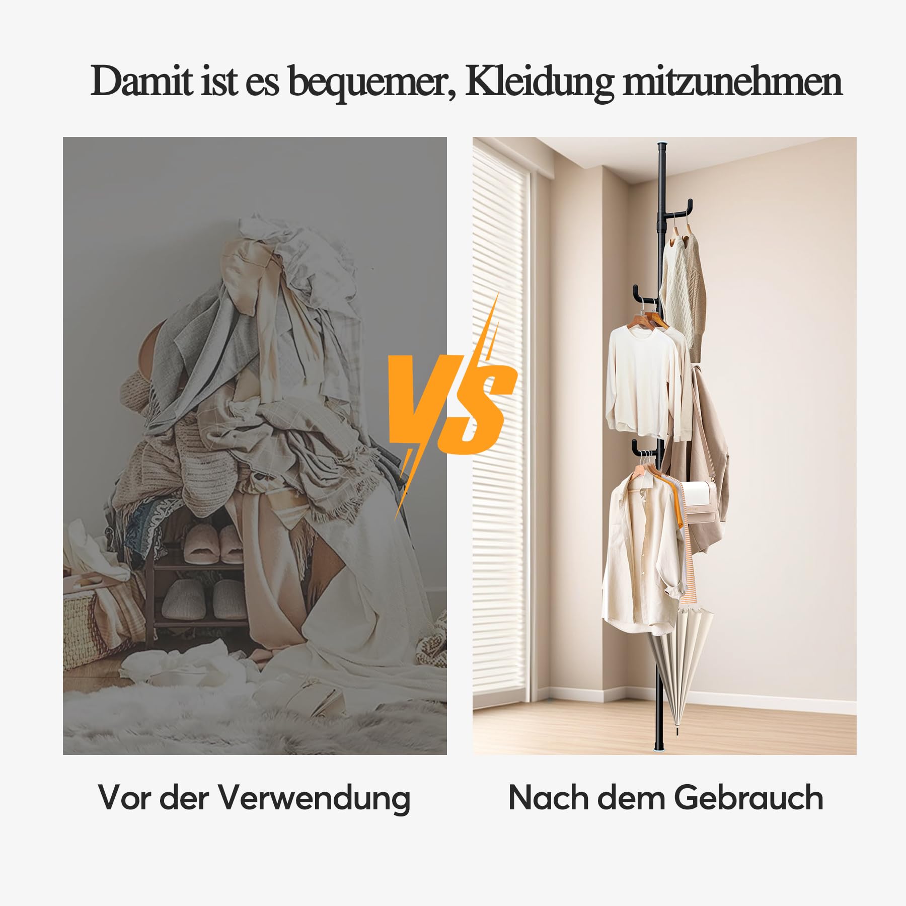 Teleskop kleiderständer mit 5 Haken, Schwarz Garderobenständer Ausziehbar 110-310cm, Kleiderstange Decke Ohne Bohren für Flur Schlafzimmer Wohnzimmer Büro Kleidung Hüte Taschen