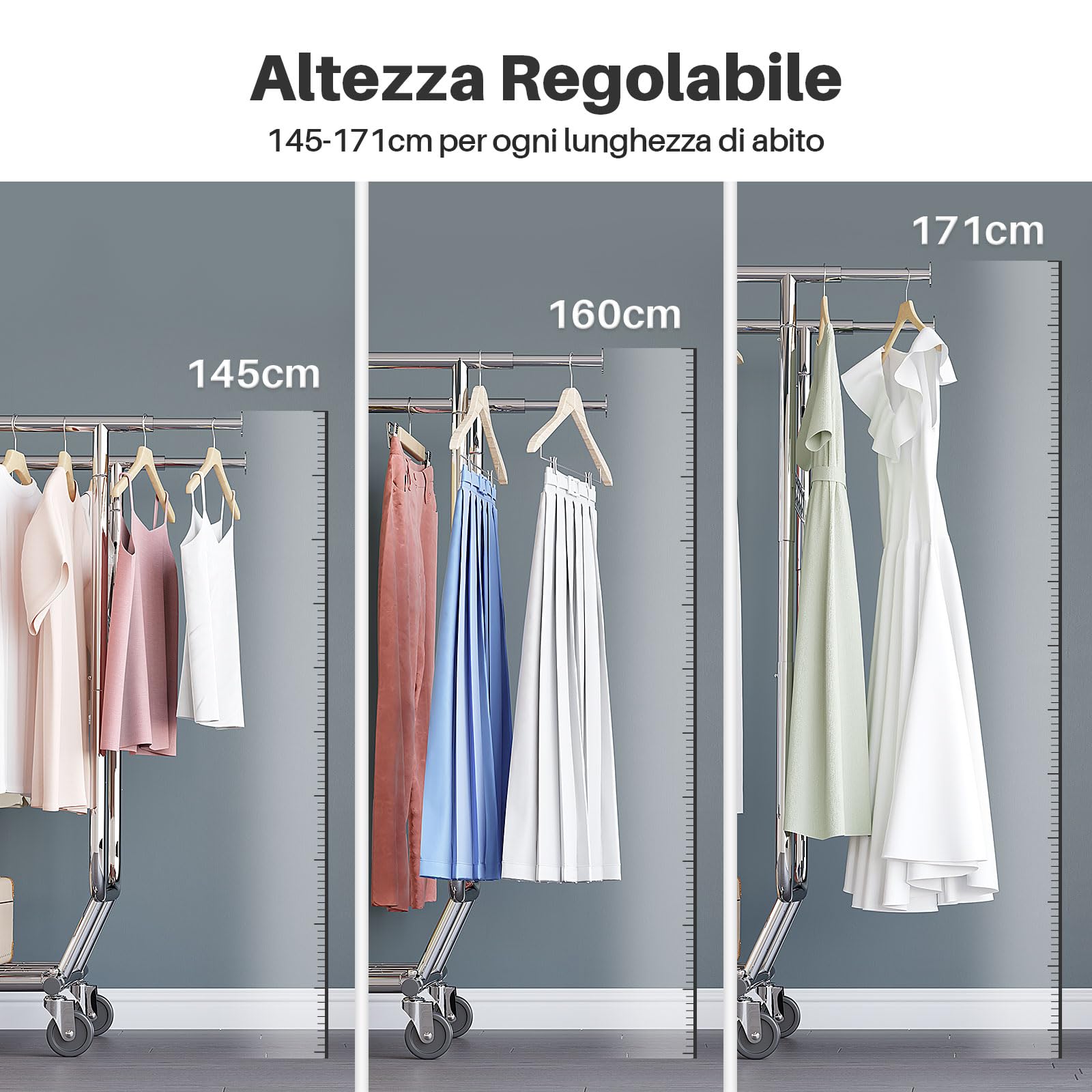 HOKEEPER Appendiabiti da Terra Resistente a Doppia Barra con Ruote, 295kg, con Ripiano Inferiore, Estensibile - Ideale per Camera da Letto, Boutique, Lavanderia, Argento