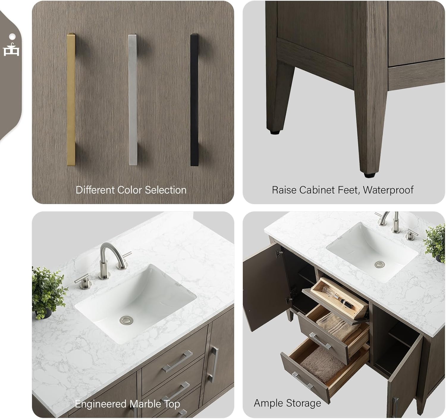 Vanity Art 48 inch Bathroom Vanity with Single Sink & Ceramic Top, Solid Wood Vanity Cabinet with Soft-Closing Doors, Drawers, Driftwood Gray, Brushed Nickle Handware