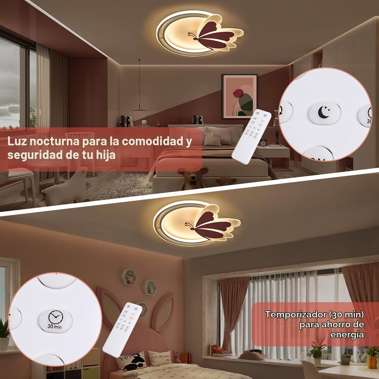Lámpara de Techo LED Mariposa 48W Regulable con Mando, 4800lm, 3000–6500K, Luz Nocturna, Temporizador, Memoria, Lámpara Moderna para Dormitorio y Habitación Infantil, 47×40cm, Metal