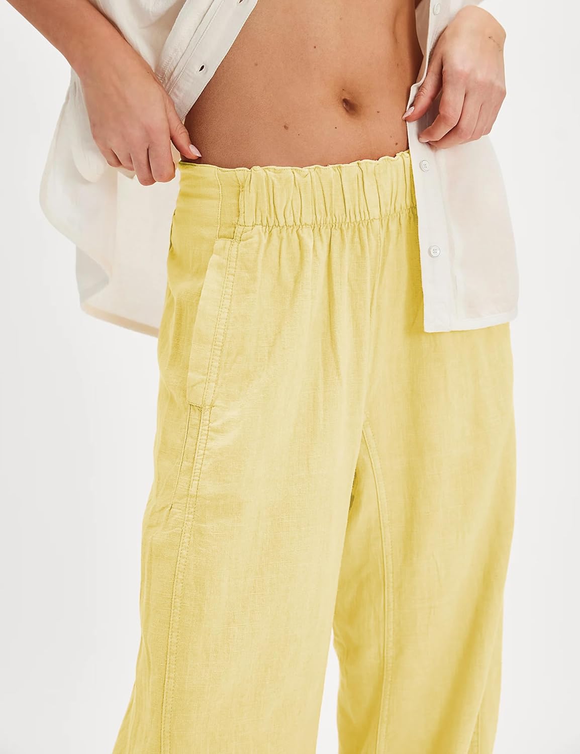 Linen Pants for Women Cotton Elastic Waist Boho Palazzo Wide Leg Pants Beach Vacation Casual Trousers with Pockets