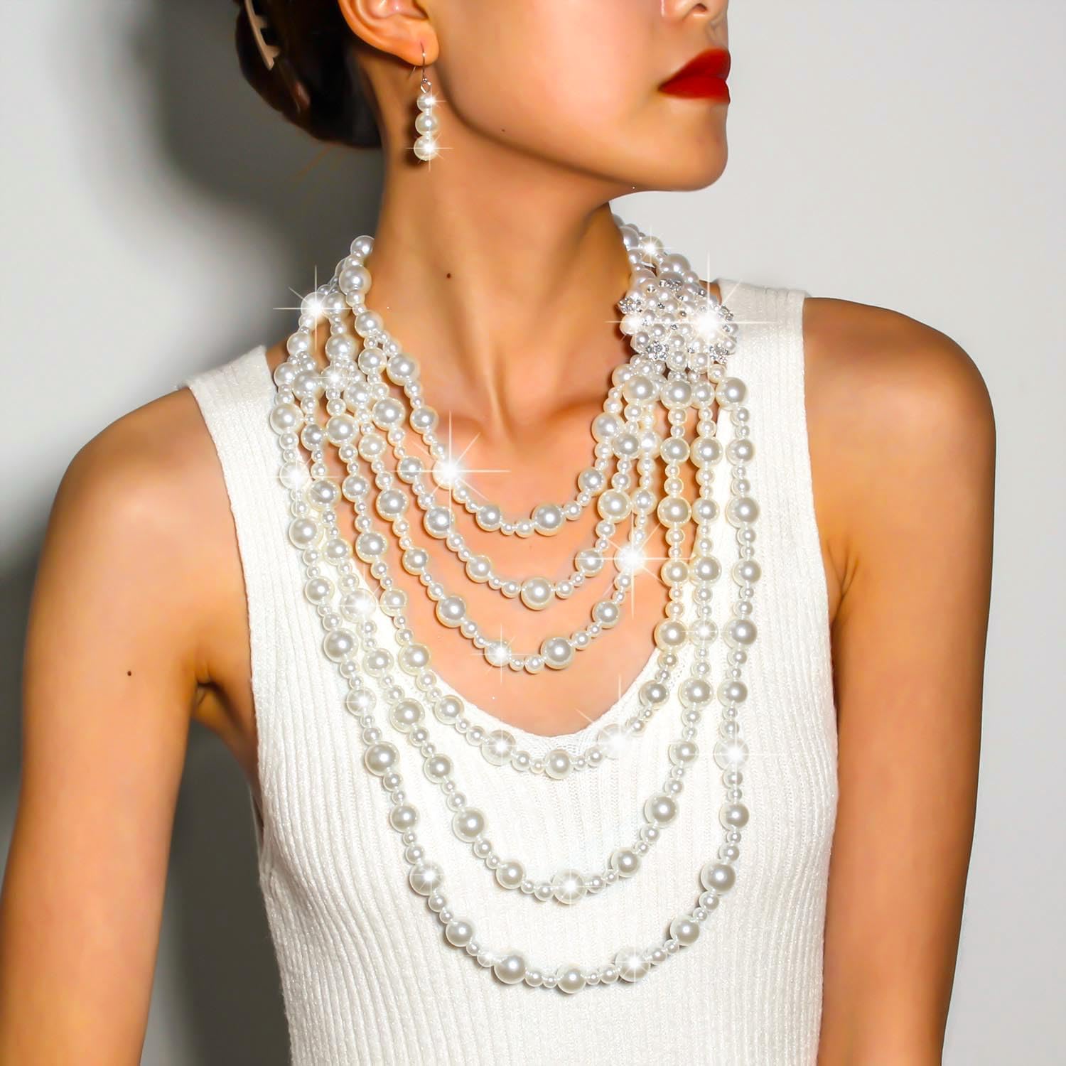 Gangel Pearl Necklace Earring Set Faux Layered Pearls Necklaces Bridal Wedding Jewelry Multi Strand Pearl Necklace for Women - Image 2