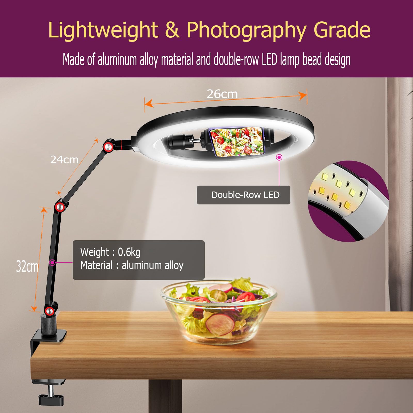 Lampa pierścieniowa 10" do biurka ze stojakiem i uchwytem na telefon, statyw nad głową, światło wideokonferencyjne z regulowanym stojakiem na ramię