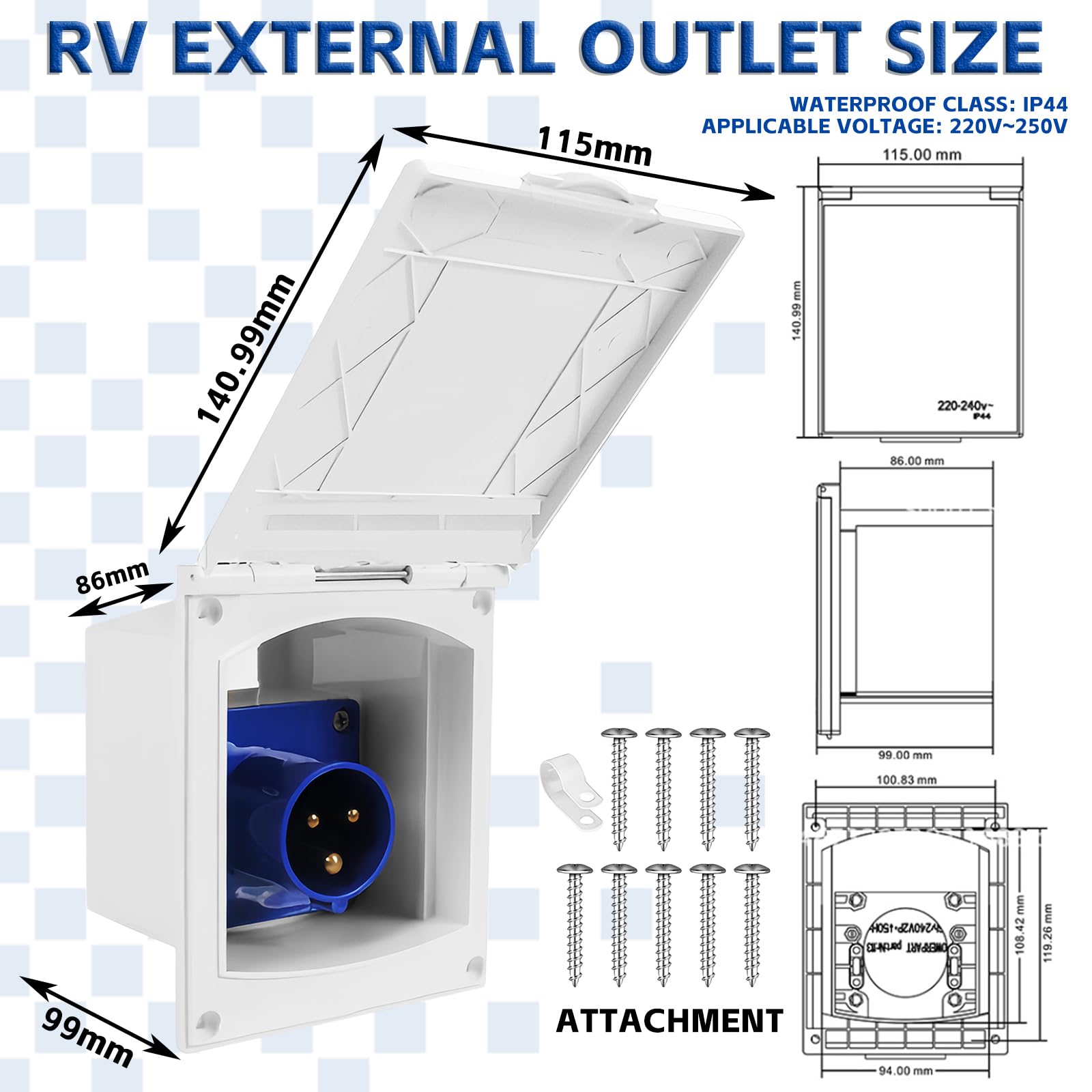 Fiche d'alimentation, prise CEE 16 A, IP44, 220 V-240 V, prise de caravane, dimensions de la bride 144 x 115 mm, fiche d'alimentation de caravane avec couvercle rabattable pour camping-car, caravane