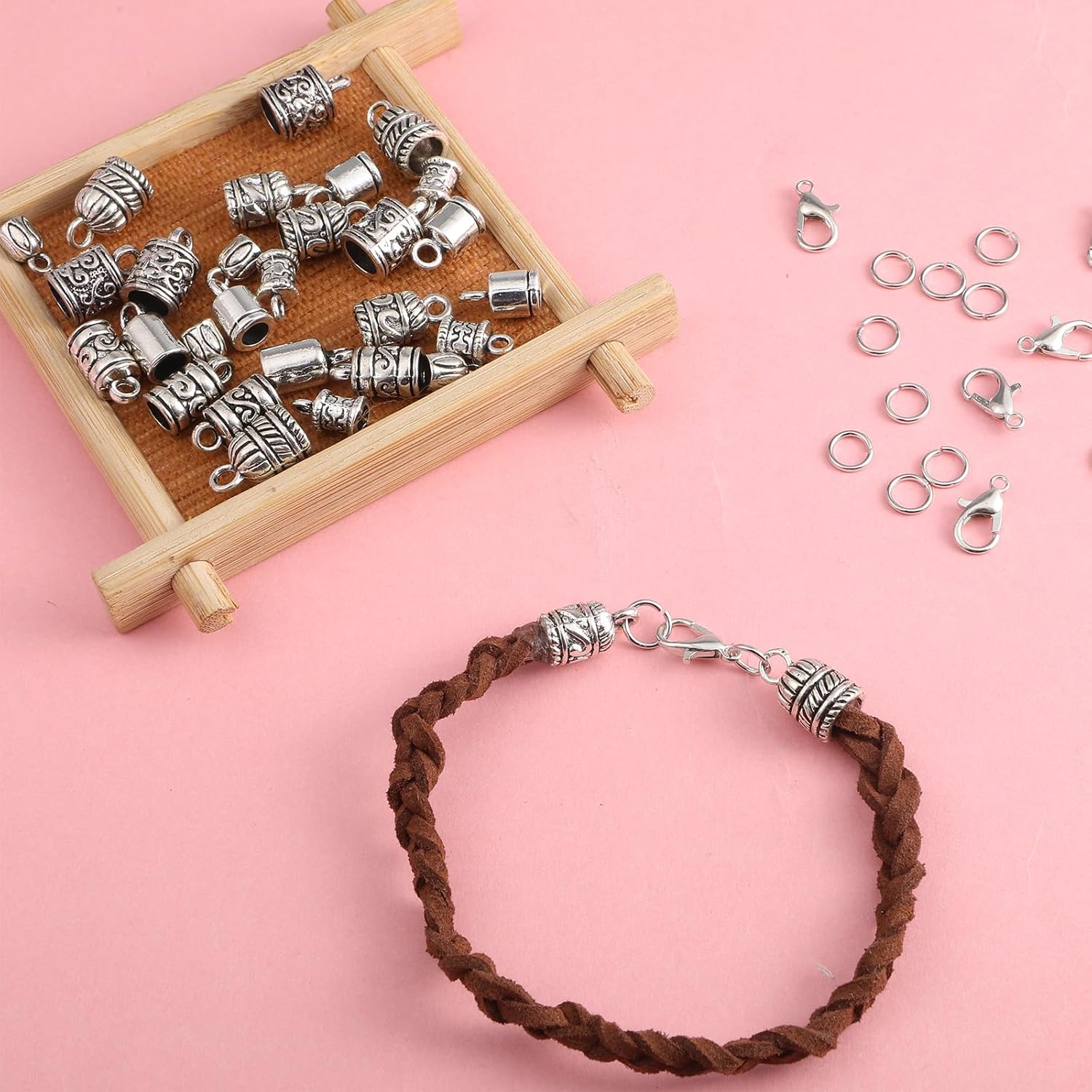 112 Pcs 8 Styles Cord End Caps for Jewelry Making, Tibetan Bead Caps | Antique Tassel End Cap with Lobster Claps Metal Jump Rings Crimp Beads Covers for Bracelet Necklace Making