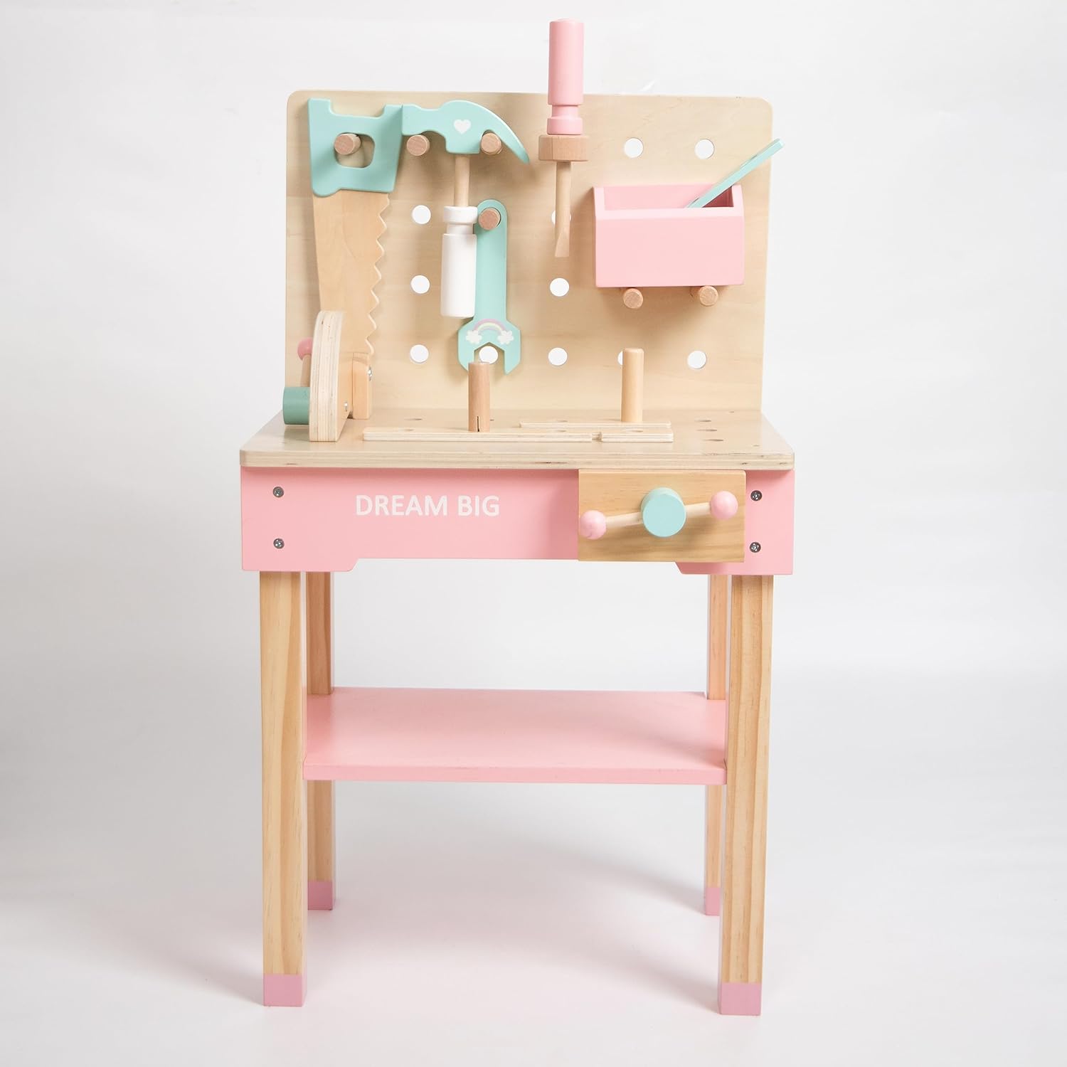 Wooden Work Bench & Tool Set & Accessories for Pretend Building Little Builder Play Montessori Contruction, with Hammer, Saw, Wrench, Screw Driver, vice Toy Workbench Pink Version