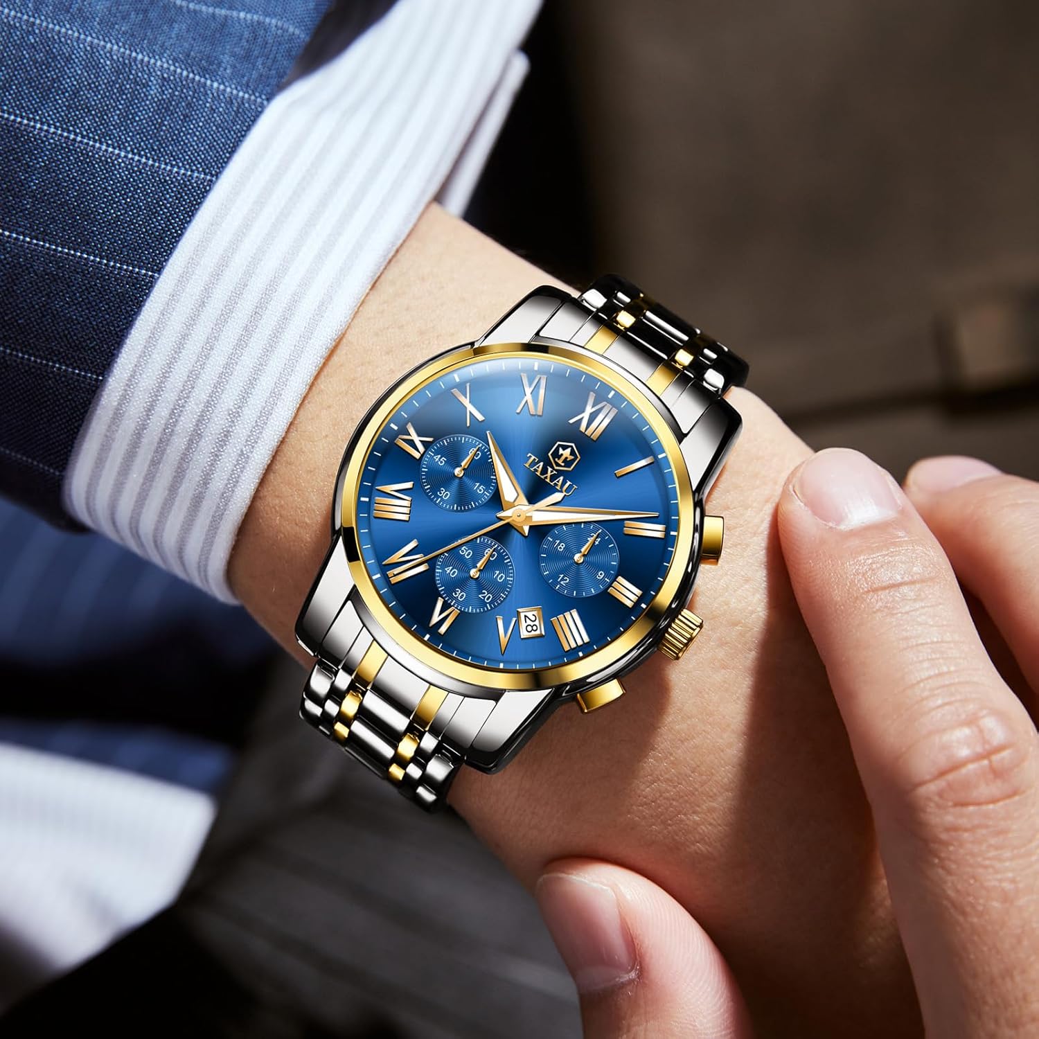 Taxau Mens Silver Watch Luxury Minimalist Dress Watch Classic Waterproof Watches for Men Analog Quartz Stainless Steel Men's Wrist Watches with Date Luminous Relojes para Hombres