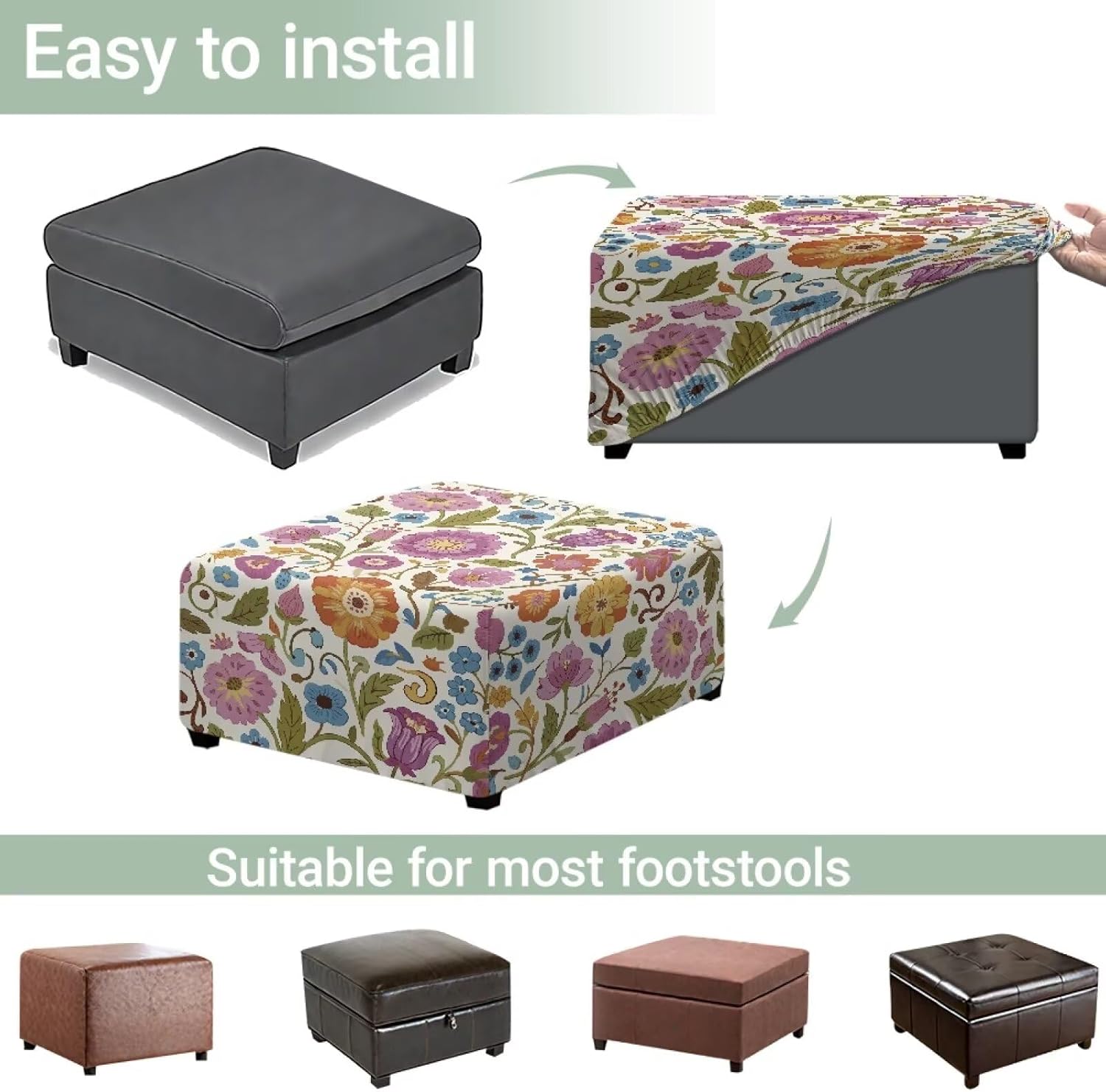 Wildflower Decorative Ottoman Cover for Bedroom Easy Install European Style Floral Footstool Covers Slipcovers Home Decor Keep Clean Elastic Footstool Slipcovers17-22 L x 17-22" H x 17-18" W