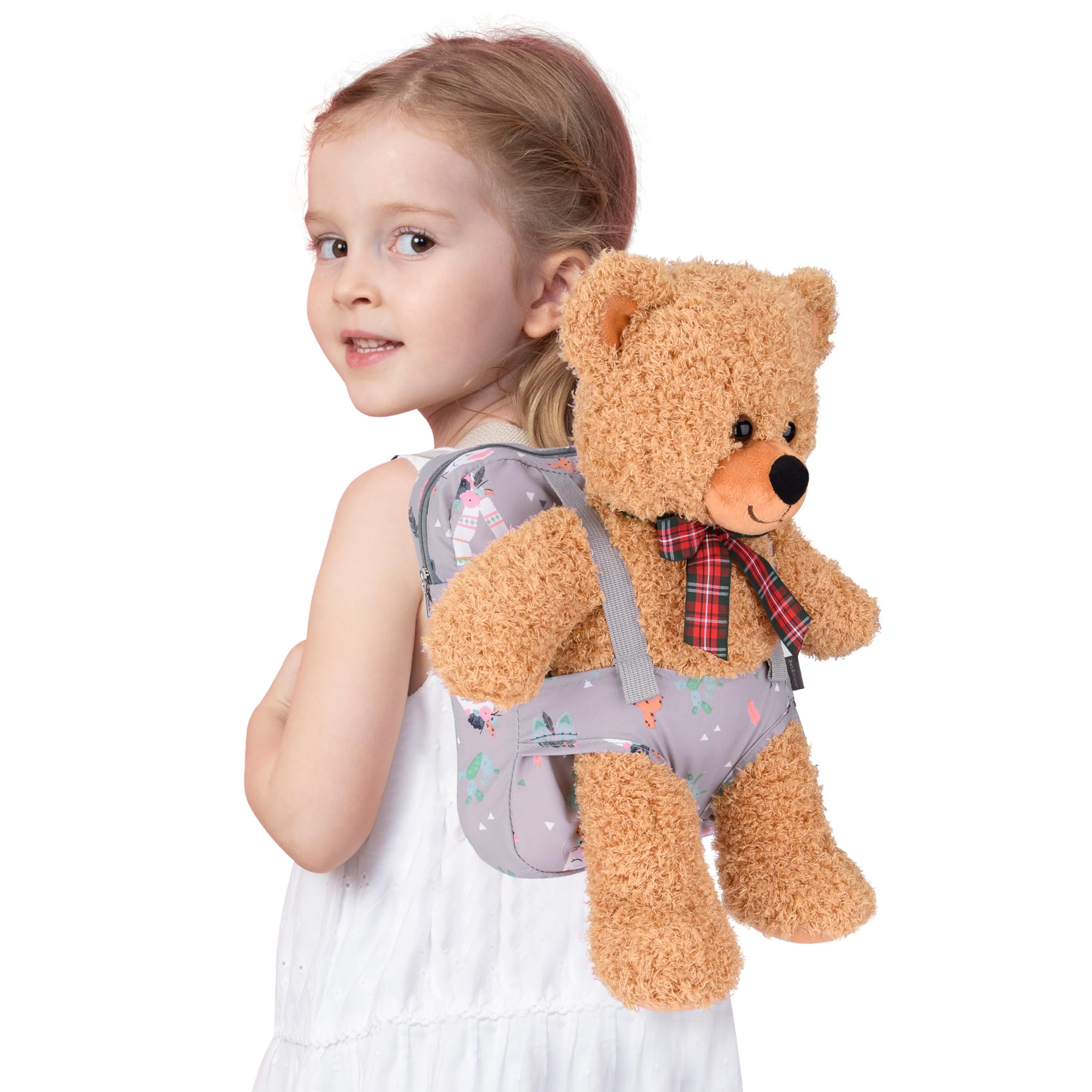 Bebamour mochila porta muñecas, 100% algodón, mochila infantil para accesorios de muñecas (Gris Animales)