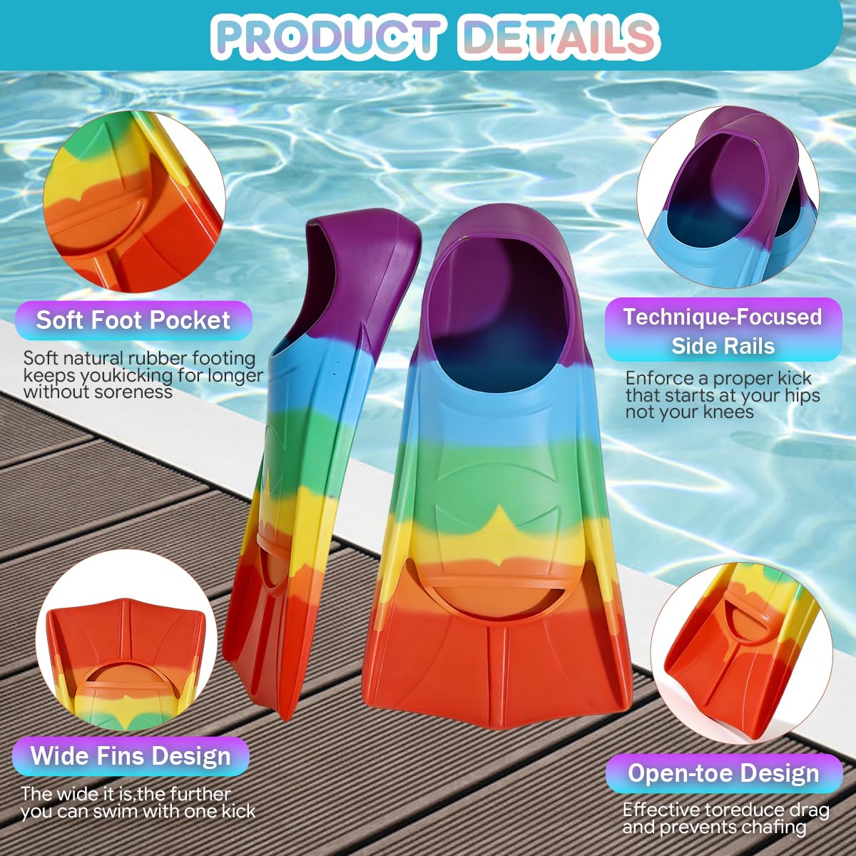 Schwimmflossen Kinder, 100% Silikon Kurzflossen, Taucherflossen Regenbogen Flossen für Training und Lap Schwimmen, Schnorchelflossen für Kinder Mädchen Jungen Anfänger