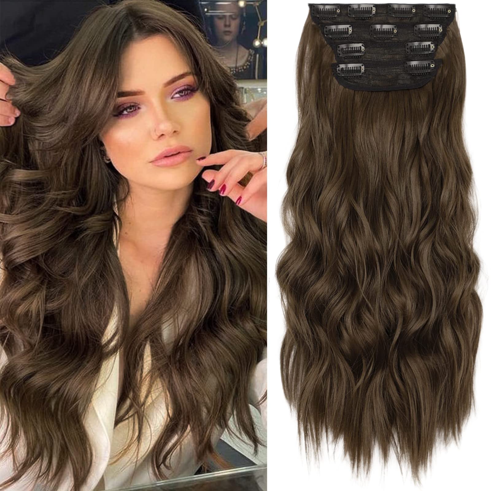 kookastyle clip in synthetic hair extensions long wavy 4pcs thick hairpieces chestnut brown fiber double weft natural hair extensions 20 inch for women