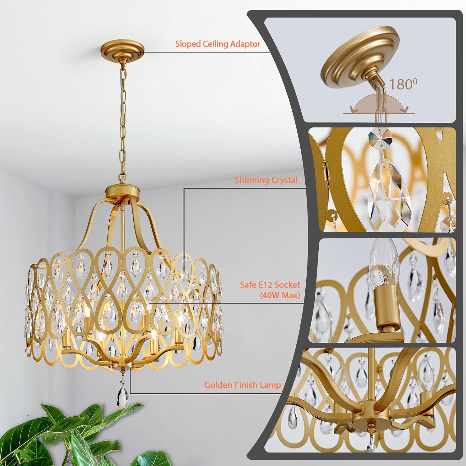21.7" Crystal Chandeliers for Dining Room,Gold 5 Lights Hanging Pendant Lighting Fixture Metal Farmhouse Chandelier for Kitchen Island Entryway Living Room