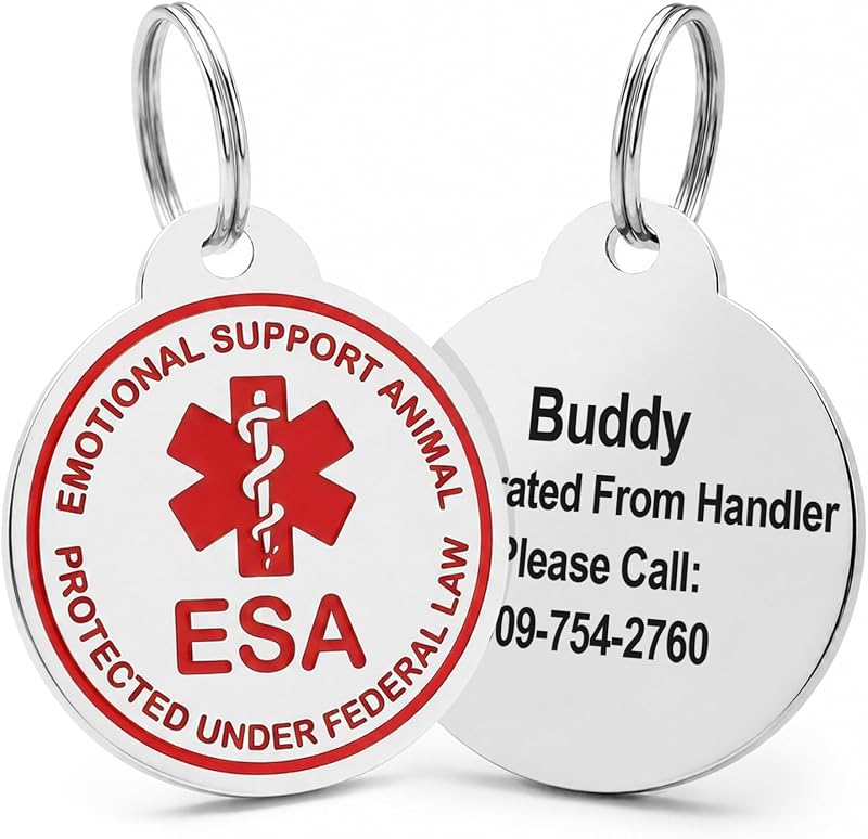 GoTags Personalized ESA Dog & Cat ID Tag in Stainless Steel Round (Regular) | Permanent Engraving Up to 4 Lines, Debossed Enamel with Polished Finish, Emotional Support Animal Identifier for Pets