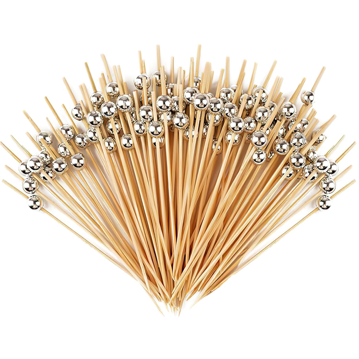 100 Pcs Cocktail Sticks, Bamboo Toothpicks Silver Bead Cocktail Sticks Food Fruits Cocktail Toothpicks for Party Supplies, Drinks, Finger Food, Fruit, Cocktail Garnish, Burgers (12cm/4.7inch)