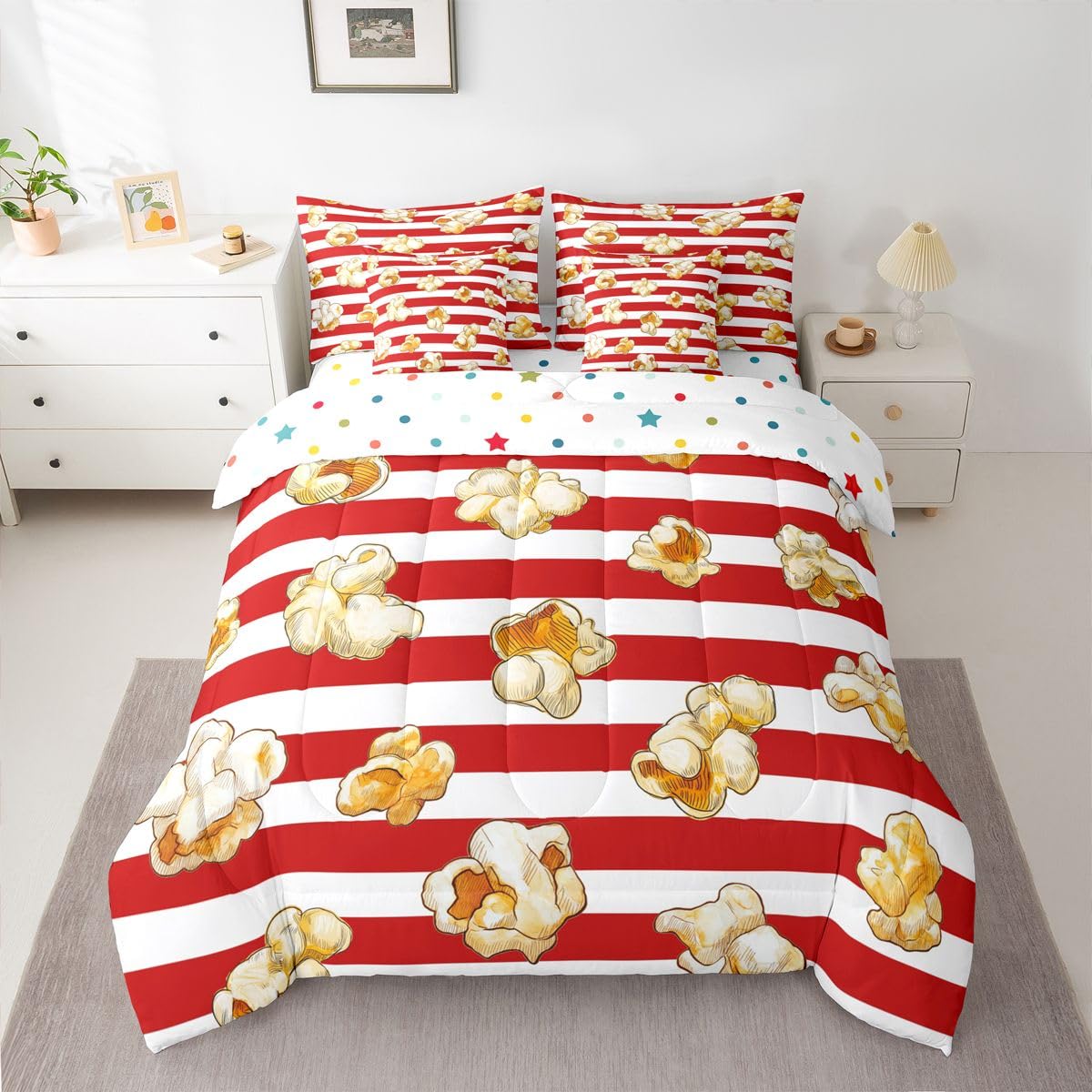 Homemissing Tema del film Piumino Letto con lenzuola 7 pezzi 135x200cm Popcorn Stampa Letto Trapuntato per ragazzi strisce con Piumino Geometric Room Decor