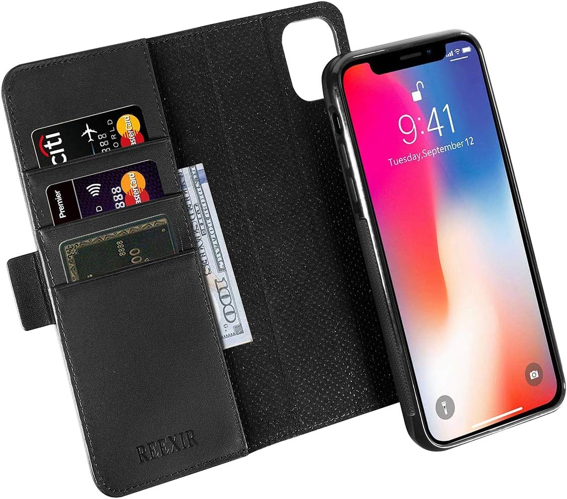 REEXIR iPhone 11 Detachable Wallet Case, iPhone 11 Genuine Leather Case with [2 in 1 Folio] [Kickstand] [3 Card Slots] [RFID Blocking] Flip Folio Case Cover for Apple iPhone 11 6.1" (Black)