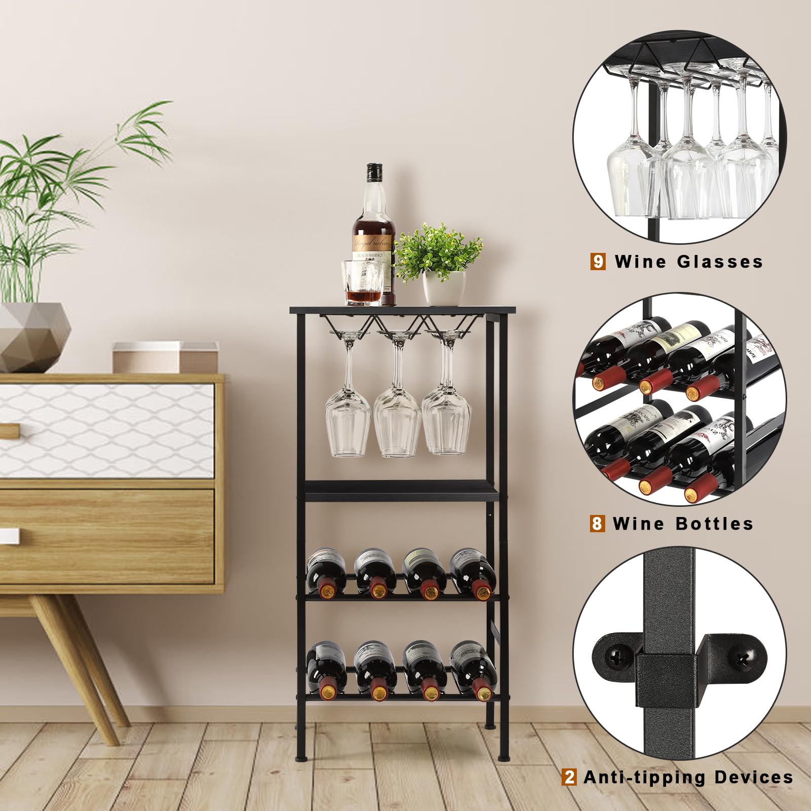 smusei Weinregal Schmal 4-Stufig Wine Rack Freistehend Weinregal Metall Vintage Flaschenregal Fasst 9 Weingläser 8 Weinflaschen Weinständer 80x40x30CM für Küche Bar Weinkeller (Schwarz)