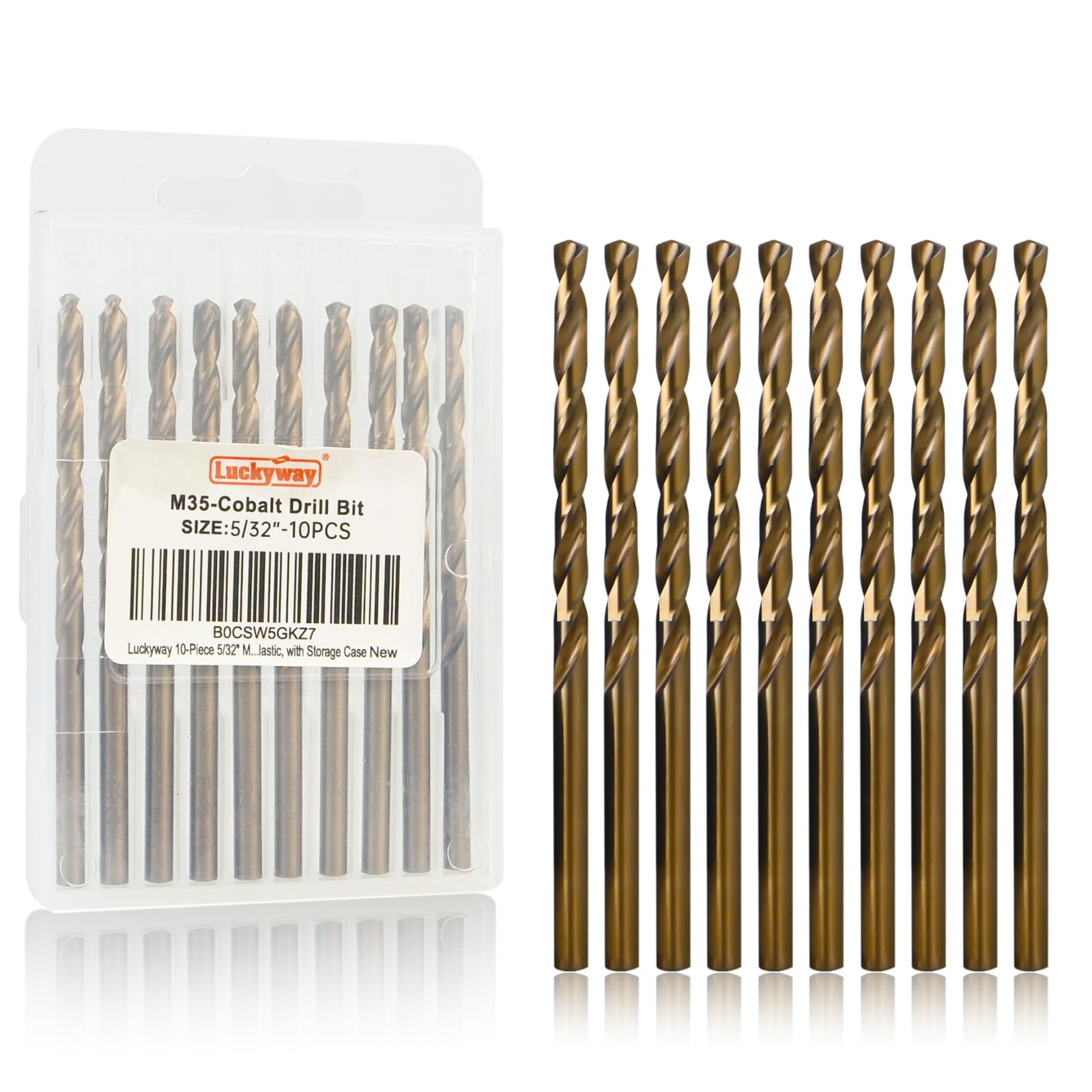 Luckyway 5/32" Cobalt Drill Bit (10 Pcs), Jobber Length Twist Drill Bit Set for Hard Metal, Stainless Steel, Cast Iron, Wood and Plastic, with Storage