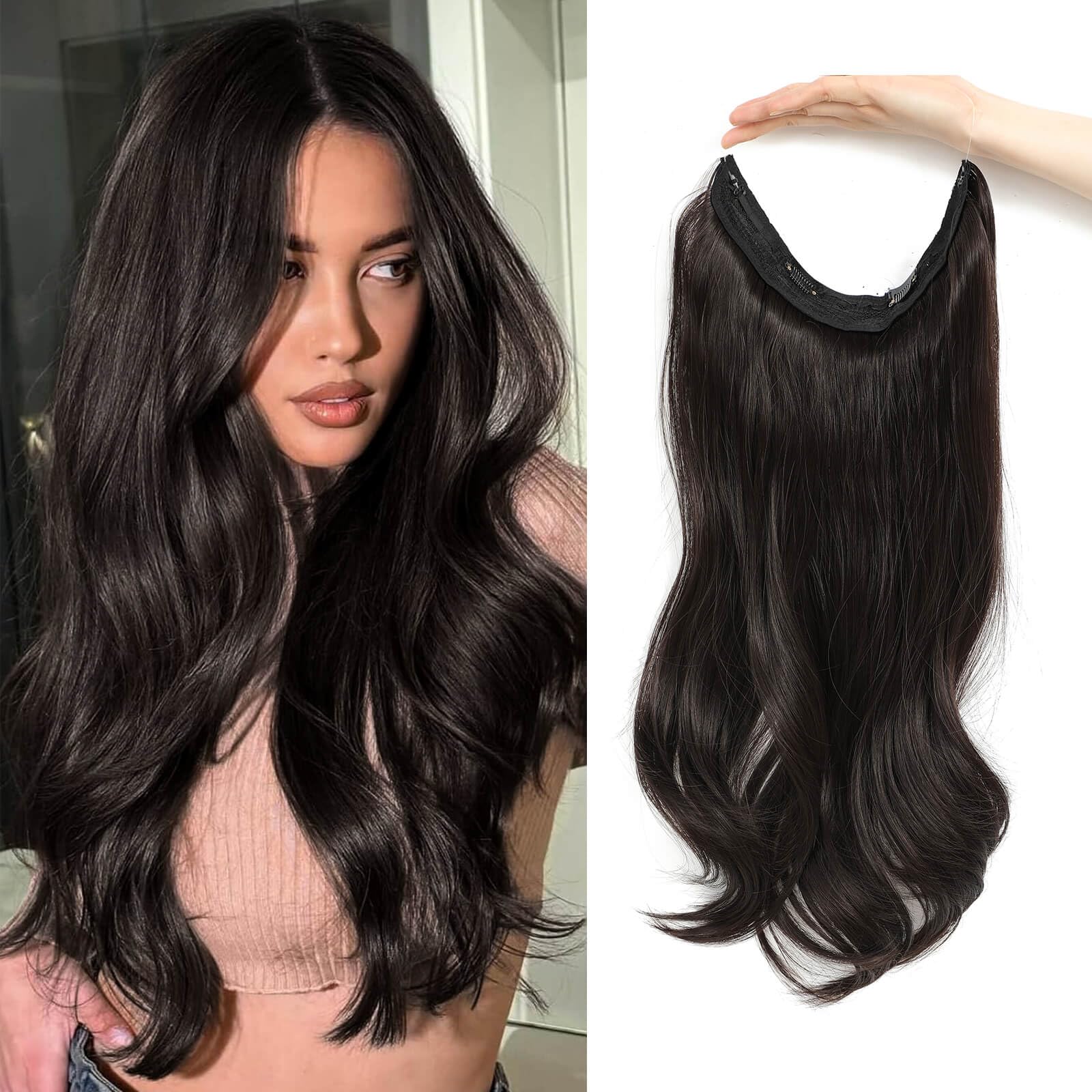 Flyroseing Deep Brown Hair Extensions, 18 Inch Body Wavy Halos Hair Extension