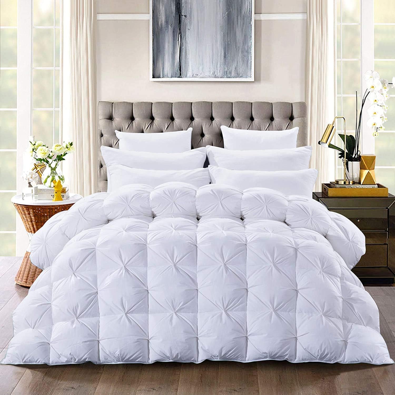 White All-Season Luxury 800 GSM Pintuck Style Cotton 3 Piece Palatial King 120x98Pinch Pleat Comforter with 4 Corner Tabs