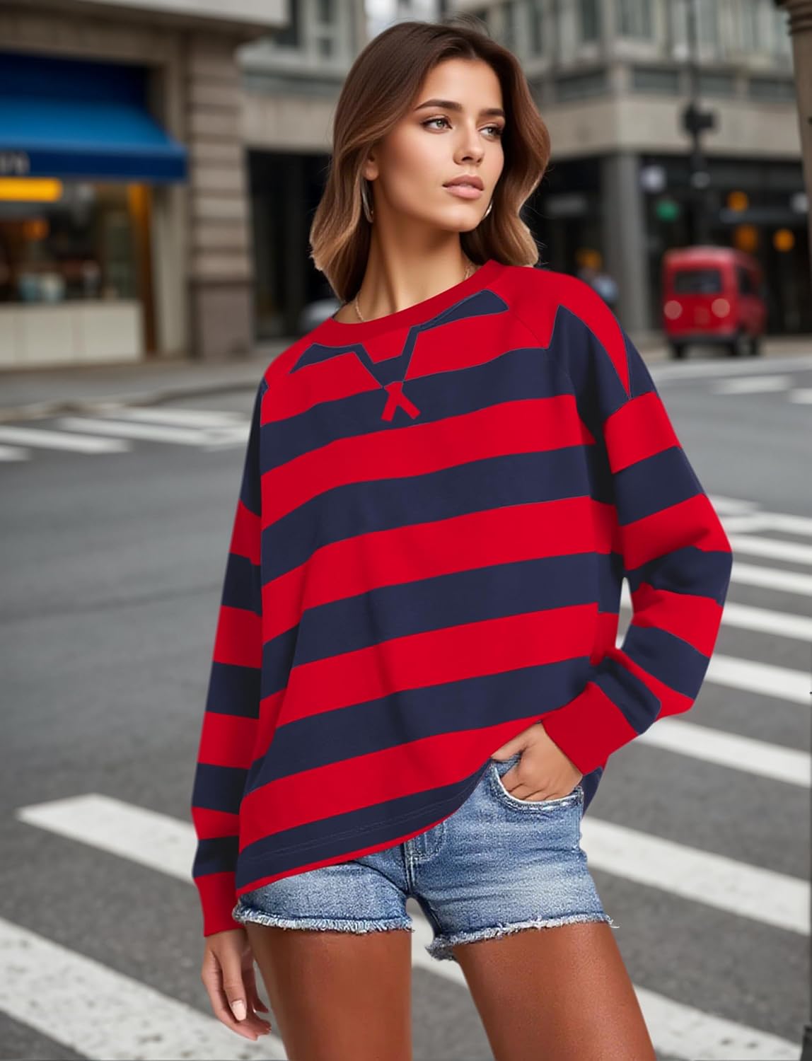 Women Oversized Striped Sweatshirt Crewneck Long Sleeve Striped Shirts Color Block Y2k Pullover Fall Fashion Top Navy Red - Image 4